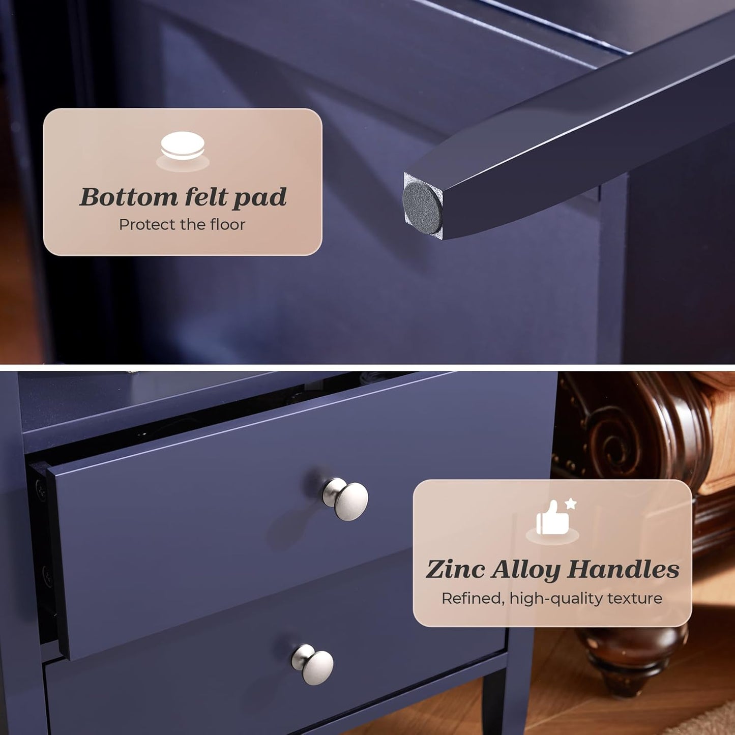 Modern Blue Nightstand with Charging Station and Two Drawers, Stylish Bedside Table for Bedroom Storage with Metal Knobs and Painted Finish