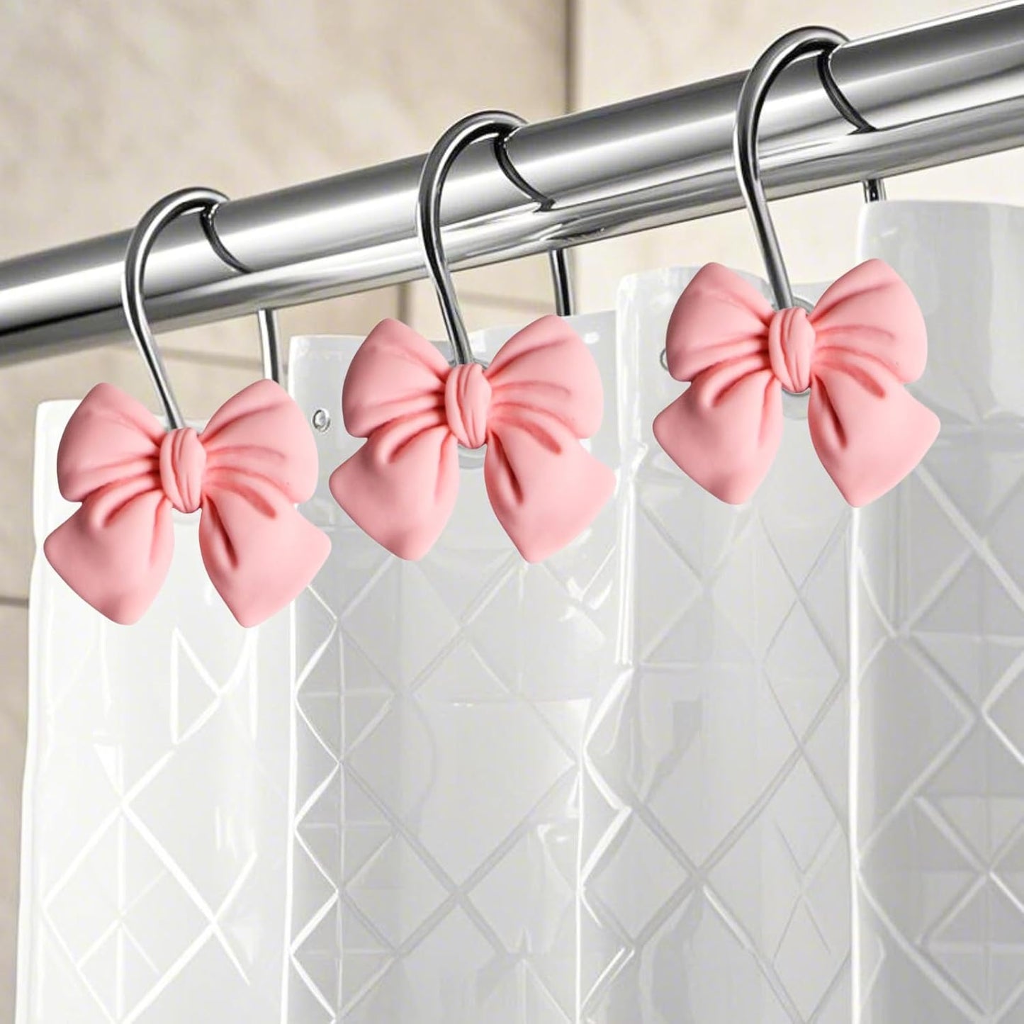 12Pcs Pink Bow Shower Curtain Hooks Set, Kawaii Bow Resin Hooks for Pink Bathroom Decor, Pink Bow Christmas, Coquette Bedroom, Girly Nursery, Cute Home Accessories