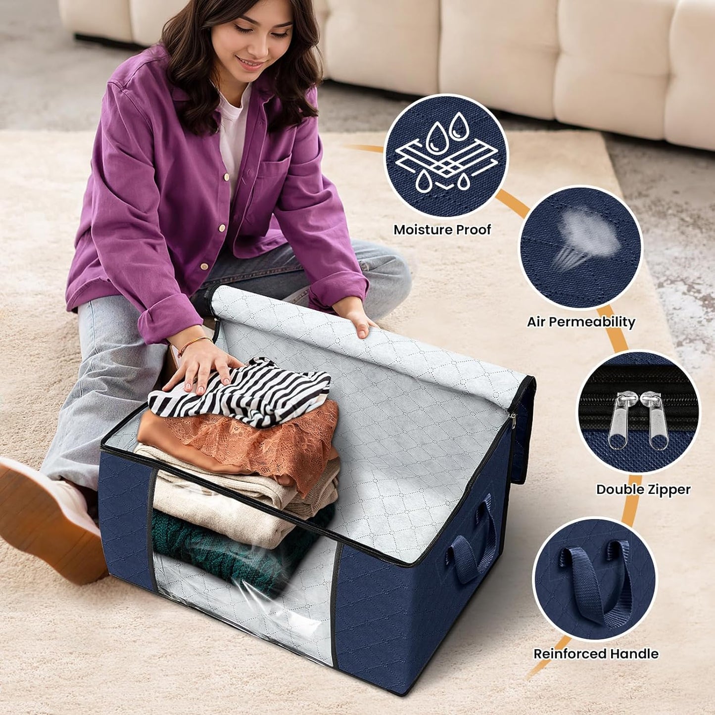 2 Pack Clothes Storage, Foldable Thick Fabric Blanket Storage Bags, Containers for Organizing Bedroom, Closet, Clothing, Comforter,Closet Organization with Handle,Blue