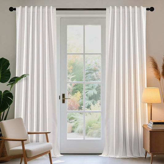 White 100% Blackout Linen Curtains - 96-Inch Long, 2 Panel Set with Rod Pocket & Back Tabs, Thermal Insulated Drapes for Bedroom and Living Room (Pure White, 52" W x 96" L)