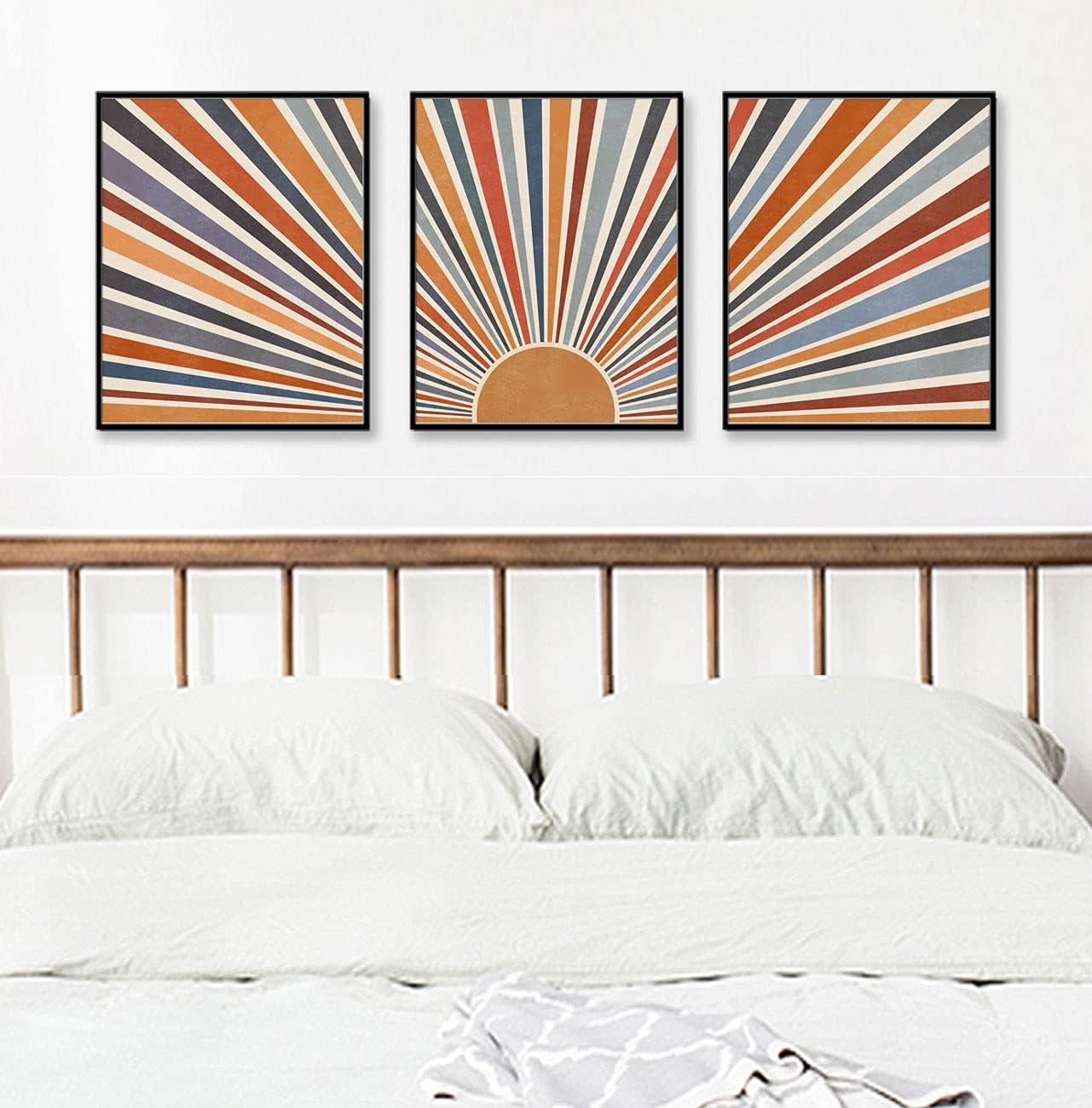 Sun Rays Print Boho Wall Decor Mid Century Modern Geometric Sunshine Wall Art Abstract Sun Boho Print Nursery Blue Orange Decor Set of 3 UNFRAMED 11X14INCH
