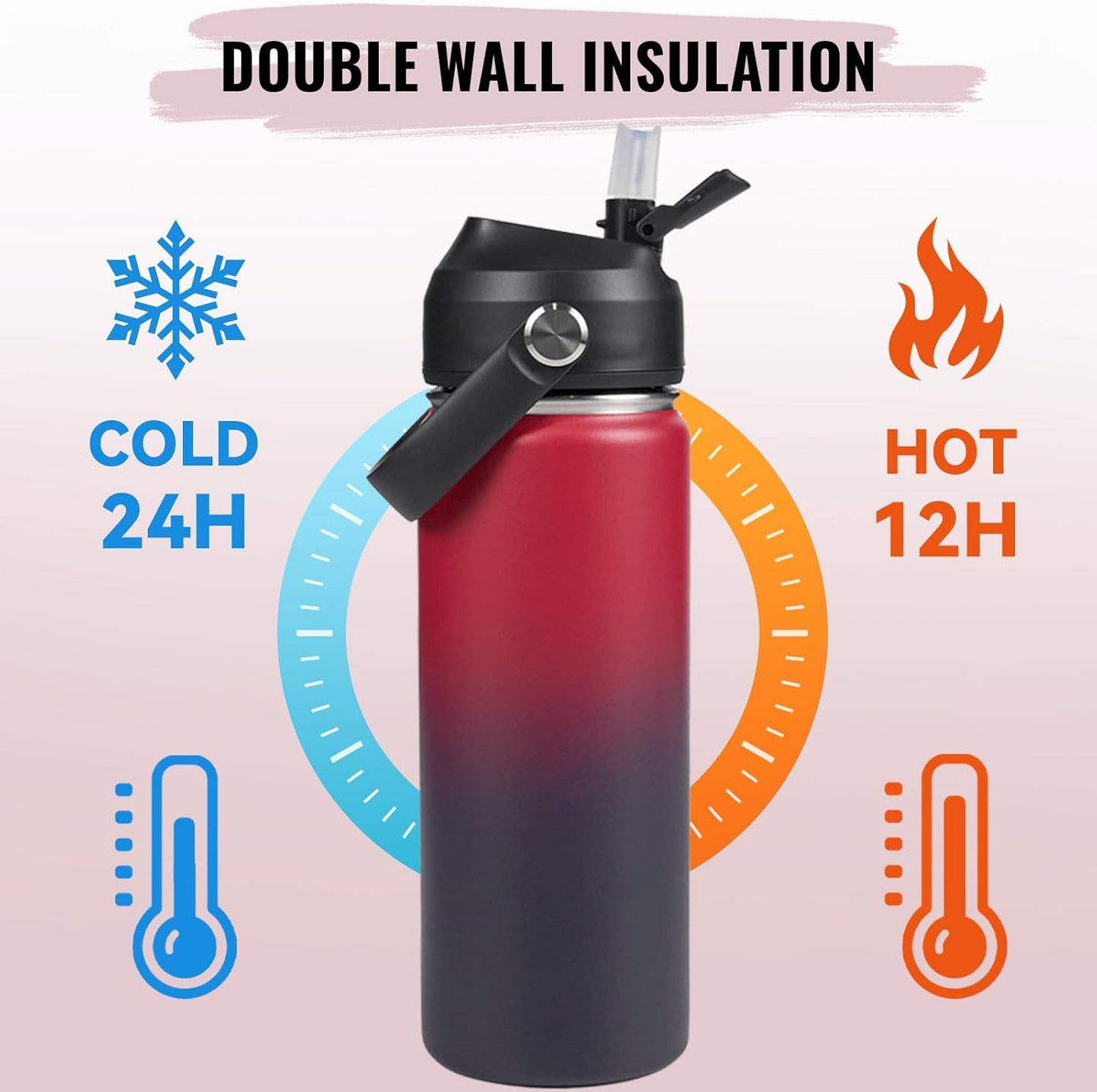 18Oz Insulated Stainless Steel Water Bottle, Wide Mouth Double Wall Vacuum, Silicone Straw, Sweat & Leak Proof, BPA Free Insulated Water Flask for Travel, Keep Cold 24H Hot 12H, Red