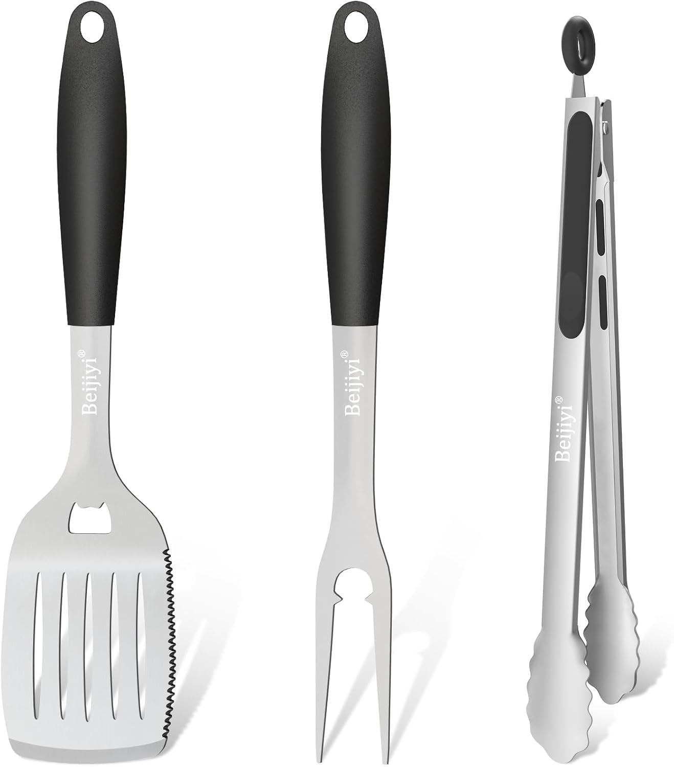 Stainless Steel BBQ Grill Tools Set, BBQ Grill Accessories for Outdoor Grill with Metal Spatula, Fork, and Tongs, Grilling Tools with Full Tang Silicone Handle, Barbecue Grill Cooking Utensils