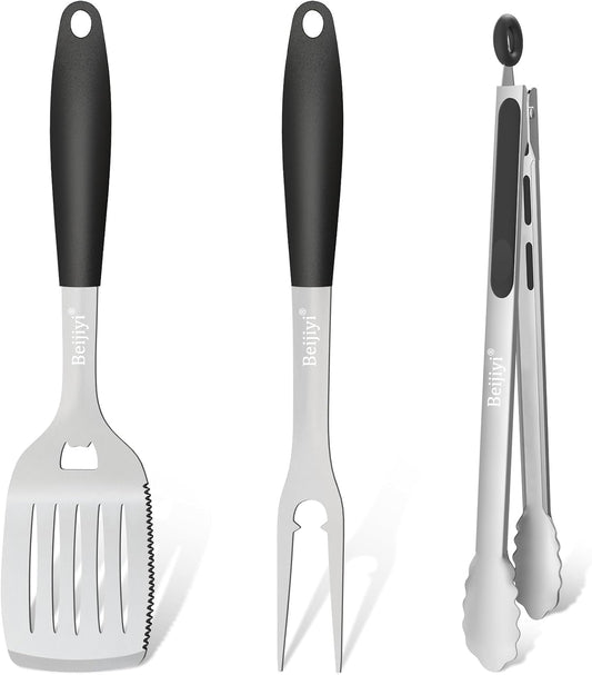 Stainless Steel BBQ Grill Tools Set, BBQ Grill Accessories for Outdoor Grill with Metal Spatula, Fork, and Tongs, Grilling Tools with Full Tang Silicone Handle, Barbecue Grill Cooking Utensils