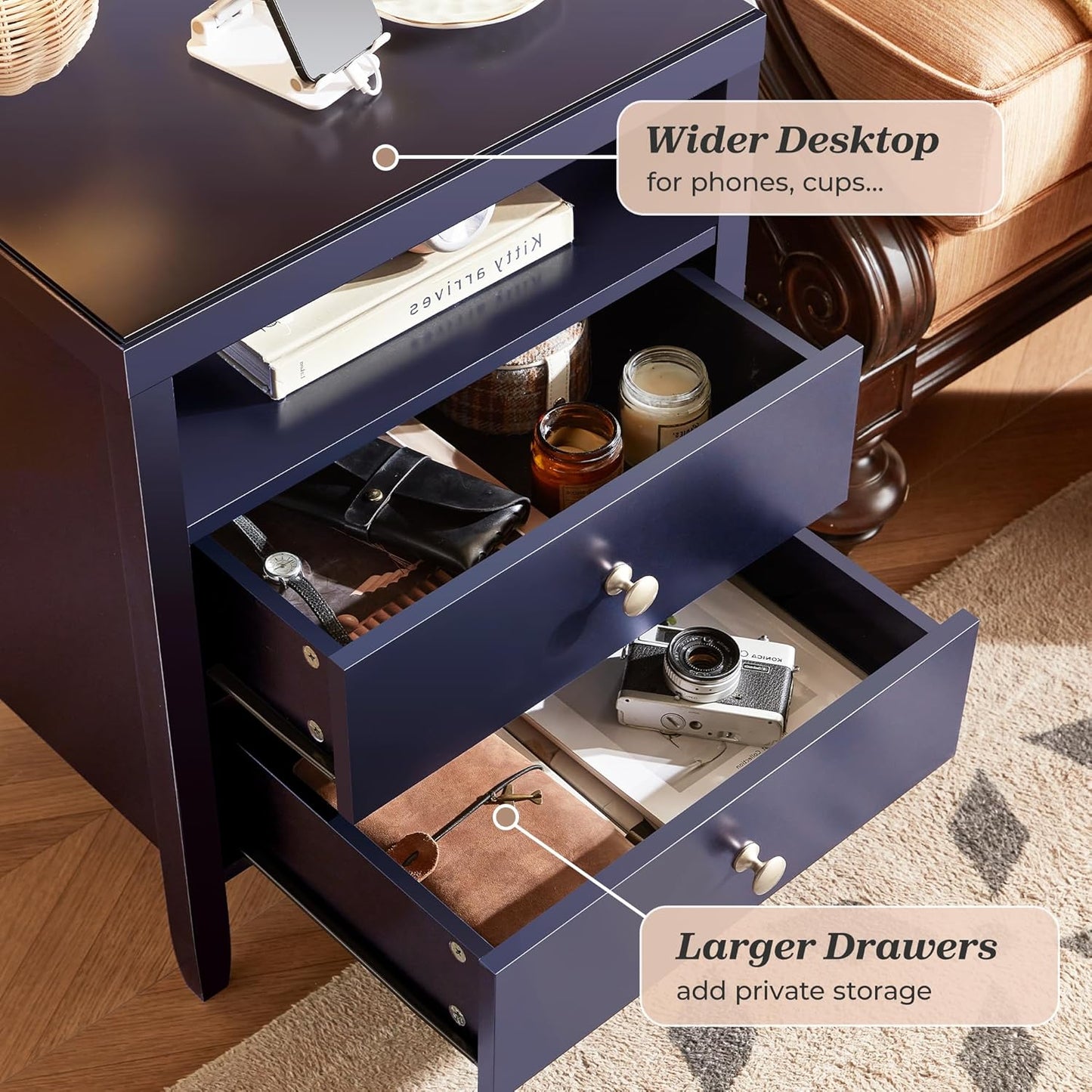 Modern Blue Nightstand with Charging Station and Two Drawers, Stylish Bedside Table for Bedroom Storage with Metal Knobs and Painted Finish