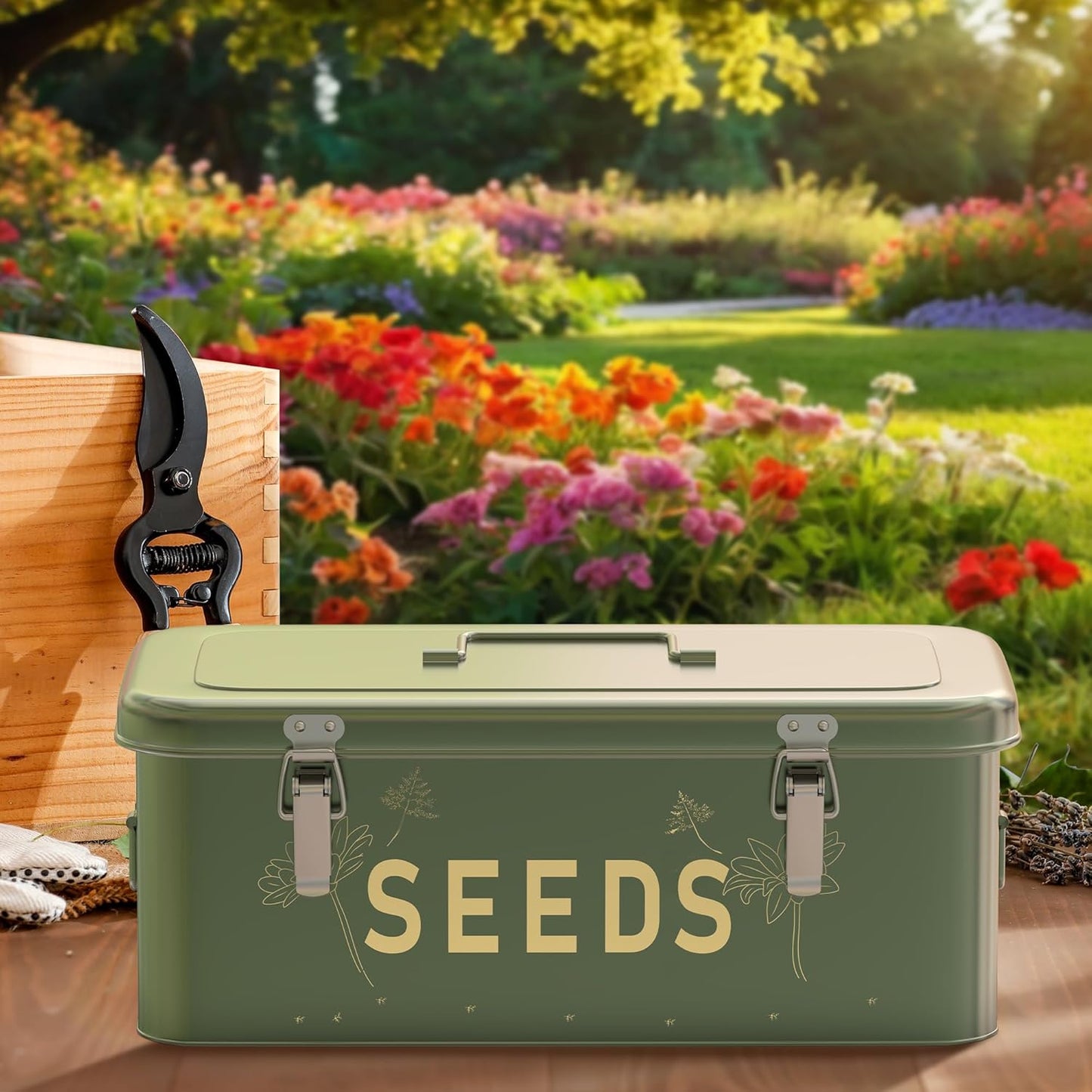 Metal Seed Storage Organizer with Lid, Includes 30 Plant Labels, 30 Seed Envelopes, and Marker Pen, Four-Compartment Design with Safety Locks, Blackish Green