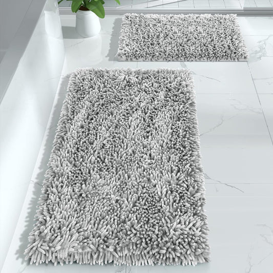 Bathroom Rugs Sets 2 Piece, Luxury Shaggy Extra Thick Bathroom Rugs, Plush Non-Slip Mats for Bath Room Floor, Machine Wash, Ultra Absorbent, 31.5 X 19.8 + 24 X 17 Inches, Light Grey