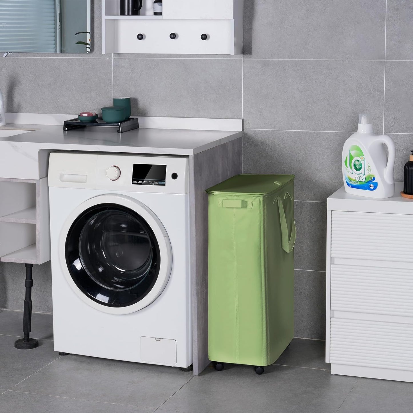 Slim Laundry Hamper with Lid and Wheels, Small Rolling Laundry Basket with Handle for Small Spaces, Tall Dirty Clothes Hampers for Dorm, Bathroom and Bedroom, 75L Sage Green