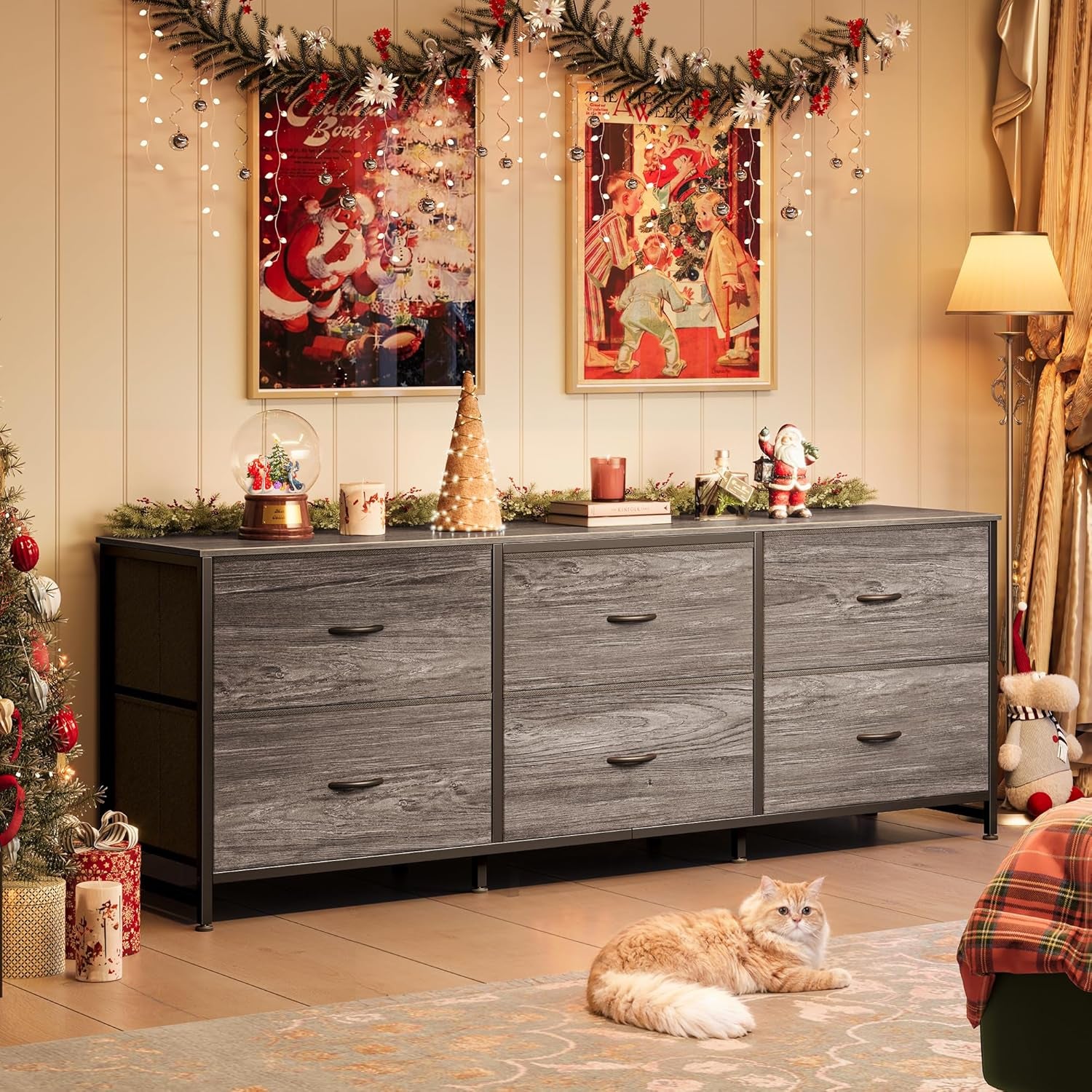 63-Inch Dresser and TV Stand Combination for Bedrooms, Accommodates 55 to 70 Inch TVs, Features 6 Fabric-Drawer Storage Solution, Ideal for Bedroom and Entryway, Grey Finish