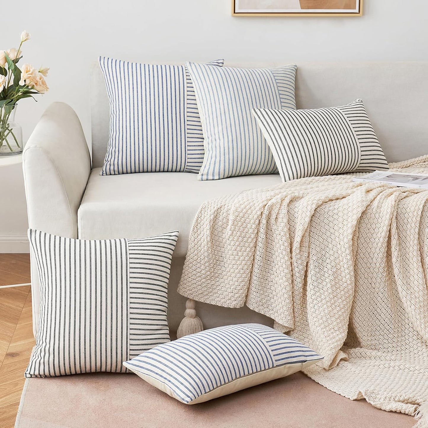 Light Blue and Beige Patchwork Farmhouse Pillow Covers 18X18 Inch, Pack of 2 Striped Linen Spring Decorative Modern Accent Pillow Cases for Sofa Couch Bedroom