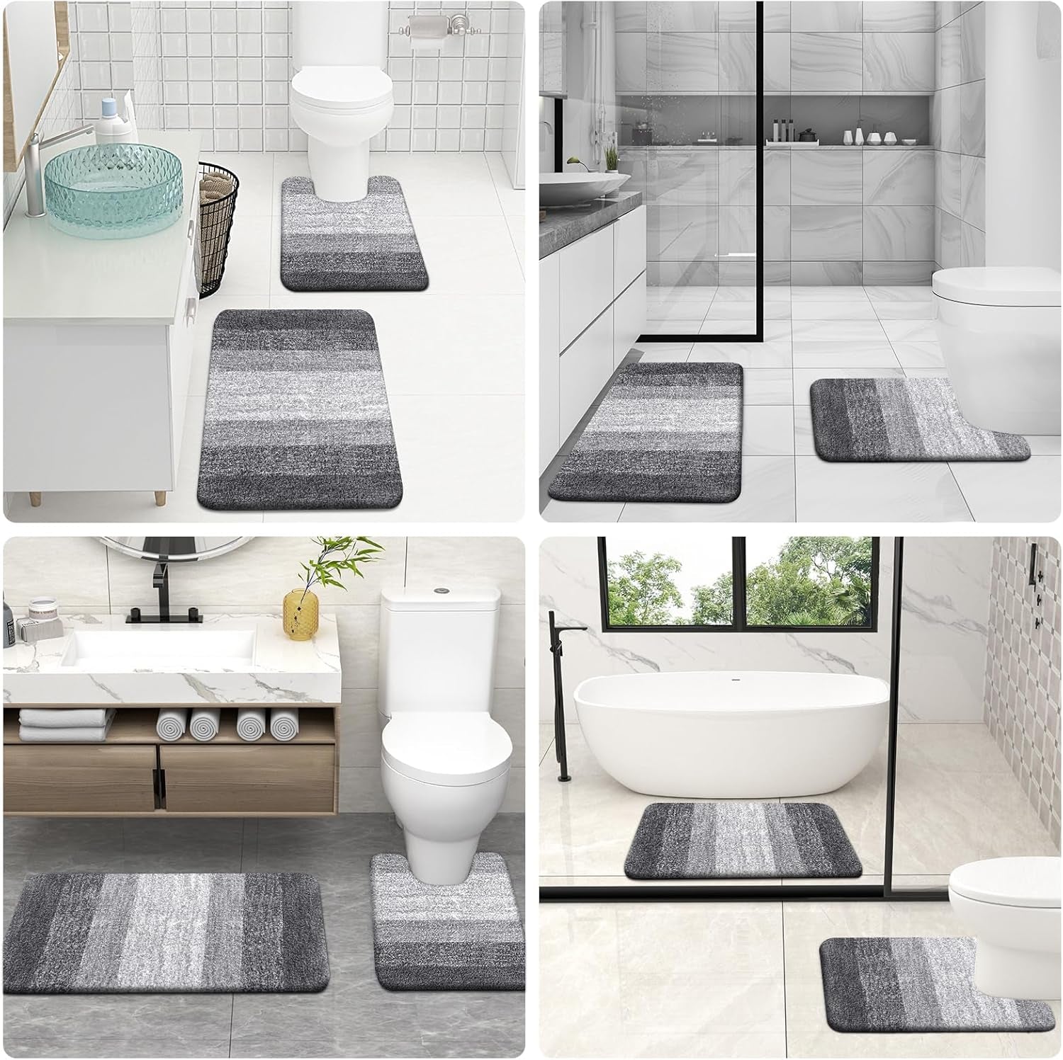 Bathroom Rug Set 2 Piece, Soft Absorbent Microfiber Bath Mats and U-Shaped Contour Toilet Rug, Non-Slip, Machine Wash Dry, Plush Shaggy Bath Mats for Bathroom (24"X16"+24"X20", Grey)