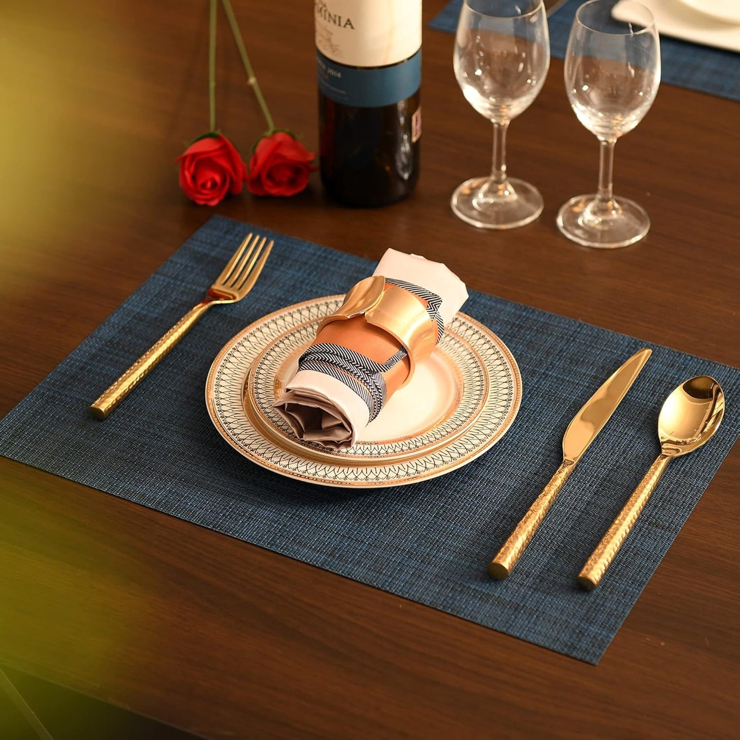 Navy Blue Vinyl Placemats Set of 4 - Washable and Heat Resistant Table Mats for Dining - 17 x 12 Inches