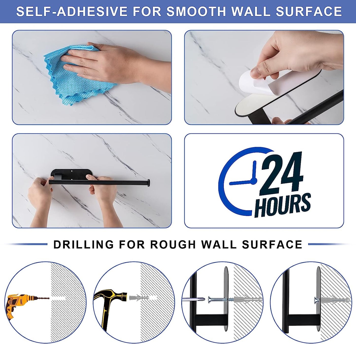 SUS304 Stainless Steel Under-Cabinet Paper Towel Holder - Durable, Bend-Resistant Design with Self-Adhesive and Drill Mounting Options (Black)