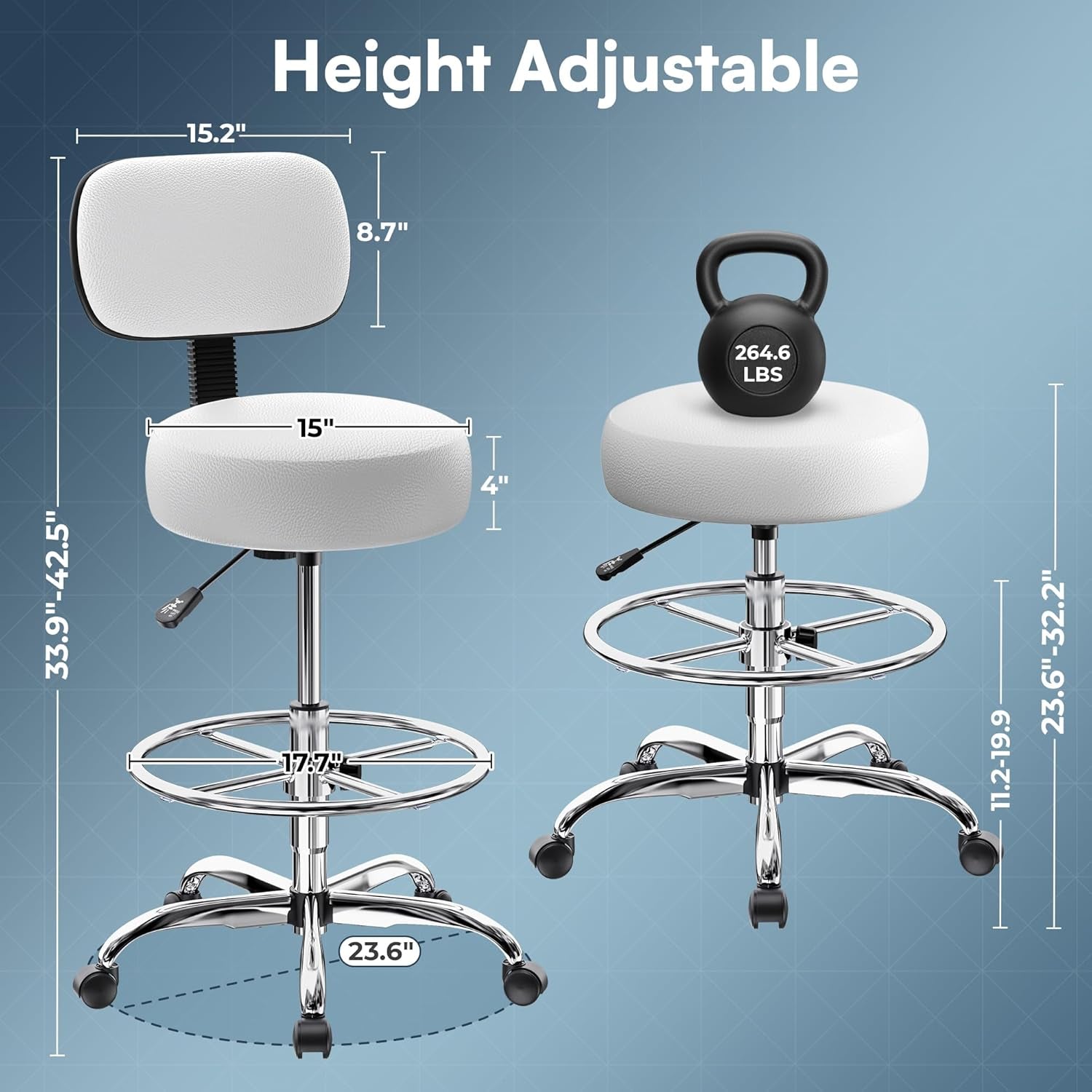 Adjustable Drafting Chair with Back Support and Foot Rest, Versatile Rolling Stool for Office, Home Bar, Kitchen, and Shop - White