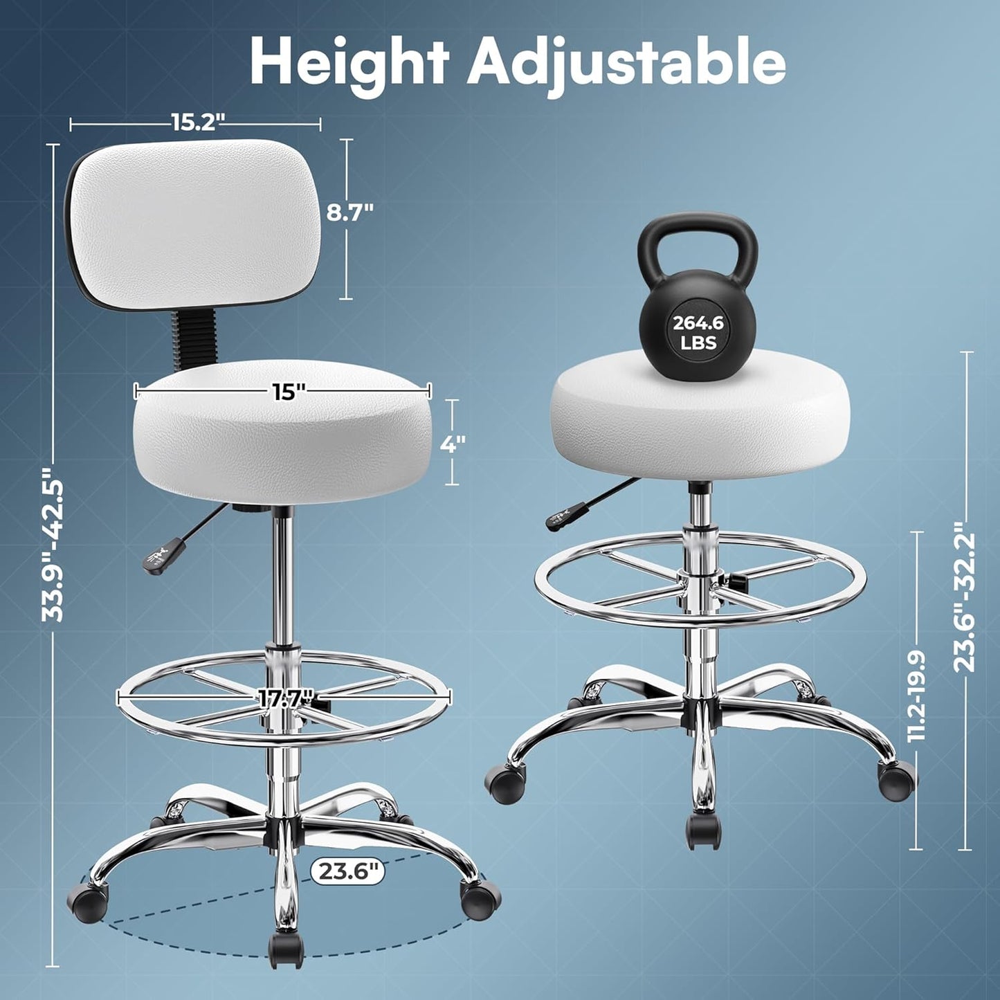 Adjustable Drafting Chair with Back Support and Foot Rest, Versatile Rolling Stool for Office, Home Bar, Kitchen, and Shop - White