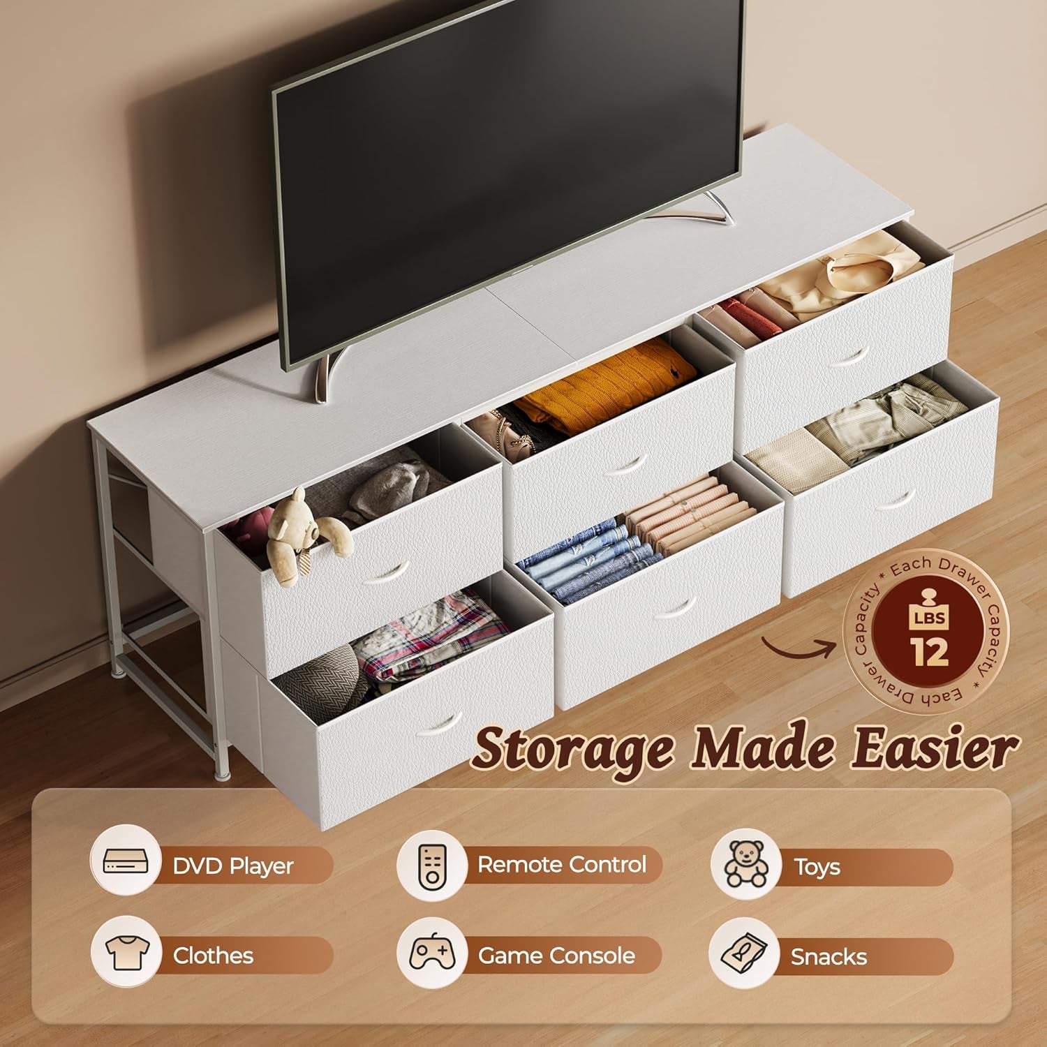 63-Inch Long Dresser and TV Stand for 55 to 70 Inch TVs, 6-Drawer Storage Organizer with Fabric Drawers, PU Leather Finish, Ideal for Bedroom and Entryway, White