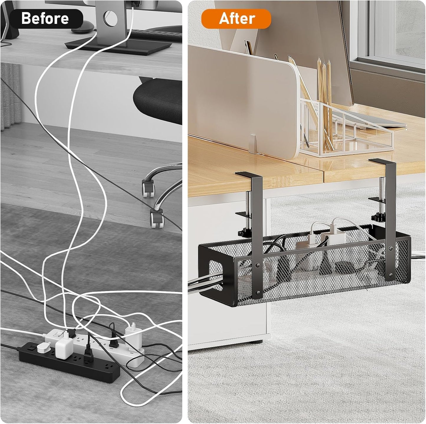 under Desk Cable Management Tray - Cable Management Tray No Drill with F-Clamp Design, Metal Mesh Cord Organizer, Sturdy Wire Organizers for Cords for Home Office Standing Desk, Black