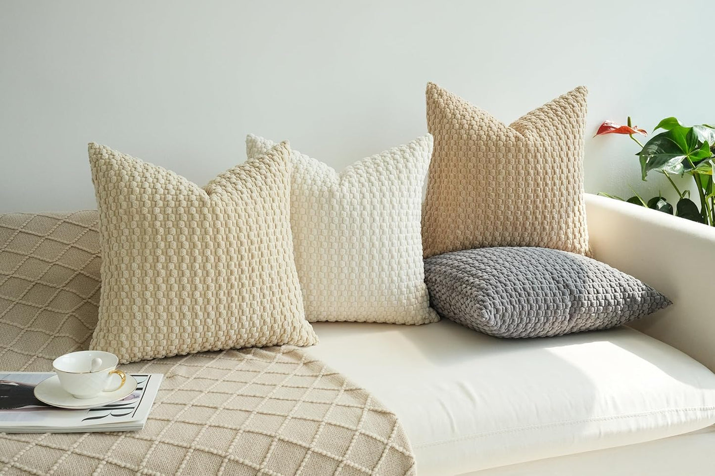 Pack of 4 Neutral Decorative Throw Pillow Covers Farmhouse Boho Home Decor Striped Corduroy Square Pillowcases 18 X 18 Inch
