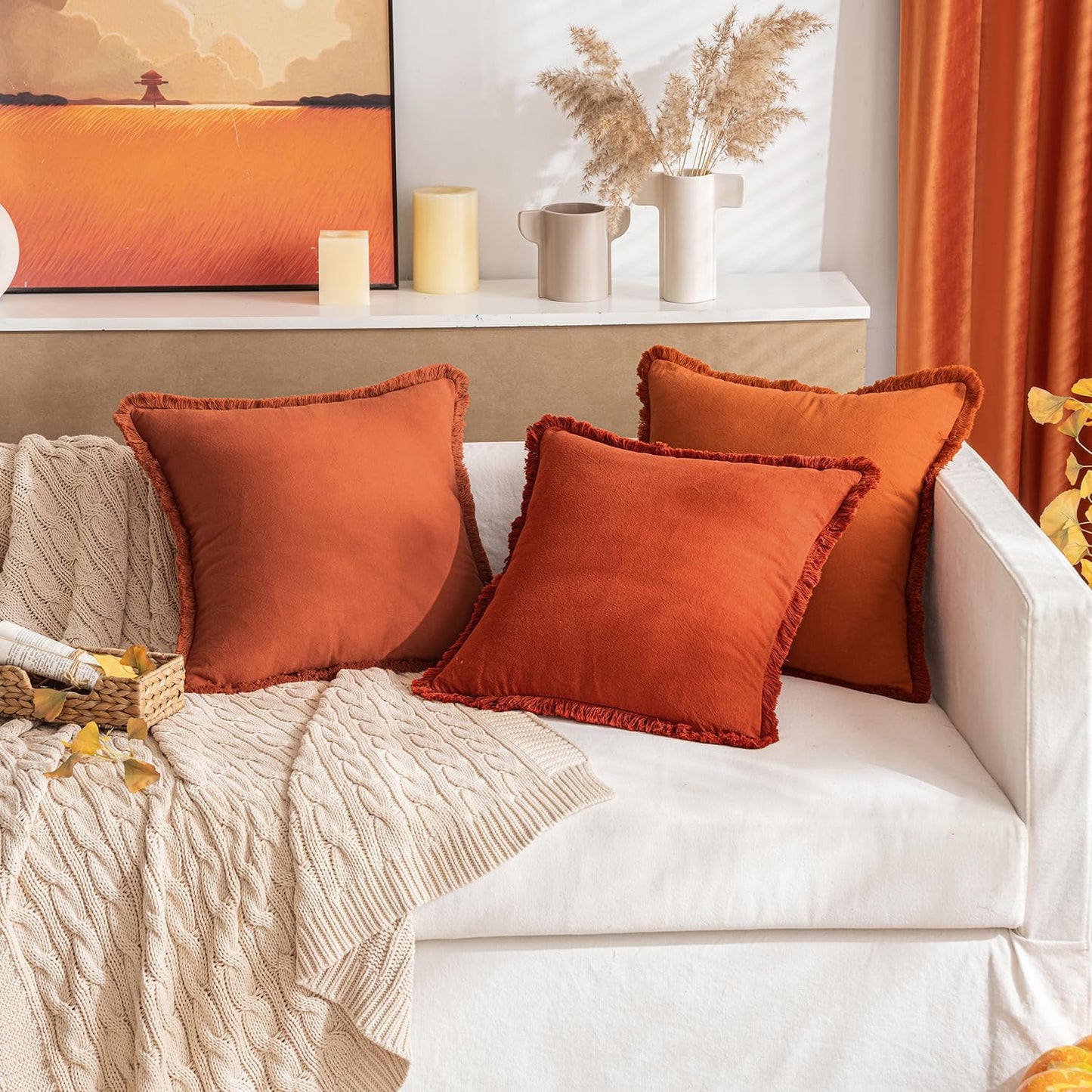 Throw Pillow Covers Fall Boho Farmhouse 18X18 Set of 2 Decorative Burnt Orange Couch with Fringe Chic Cotton Pillowcases Home Decor Accents for Cushion Soft Bed Living Room