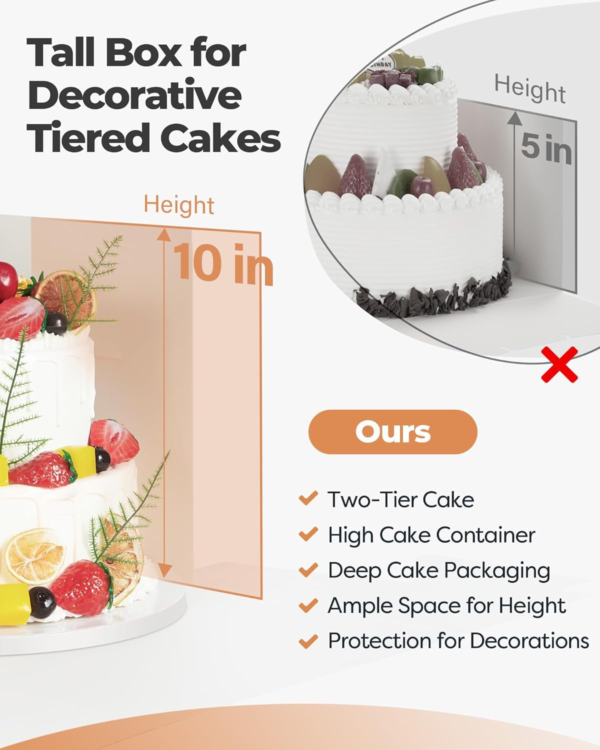Cake Box with Board Drum, 10X10X10 Inches Tall Bakery Box with Window, Disposable Cake Container with Lid for Multi-Layer Cake, Cake Decorating, Wedding, Birthday, Party