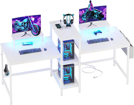 2 Person Gaming Desk with LED Lights, 71 Inch Computer Desk with Power Outlets and Monitor Stand, Double Desk with Storage Bag and Headphone Hooks, Study Writing Table for Home Office, White