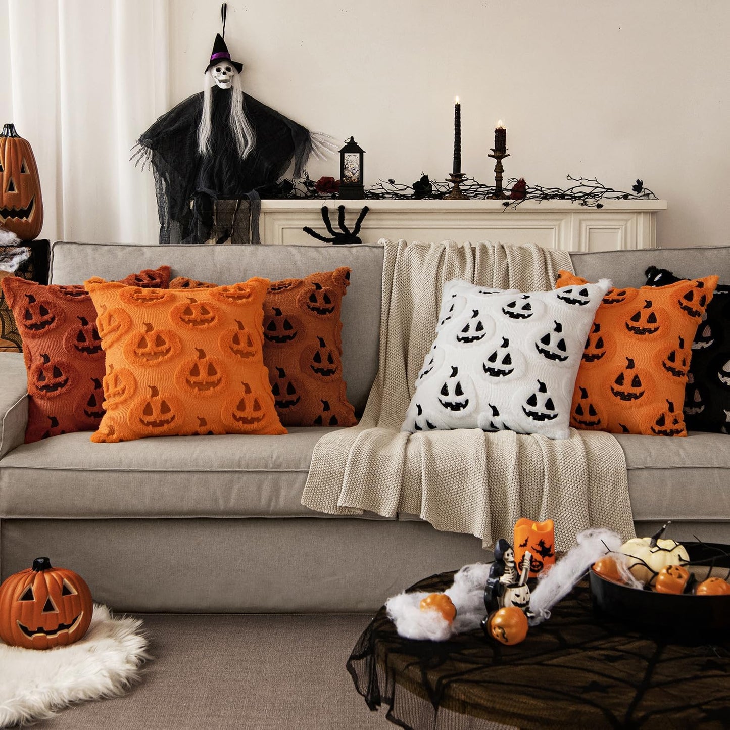 Fall Halloween Throw Pillow Covers 18X18 Decorative Pumpkin Pattern Pillowcases Soft Plush Faux Wool Cushions for Home Patio Sofa Couch,Dark Rust