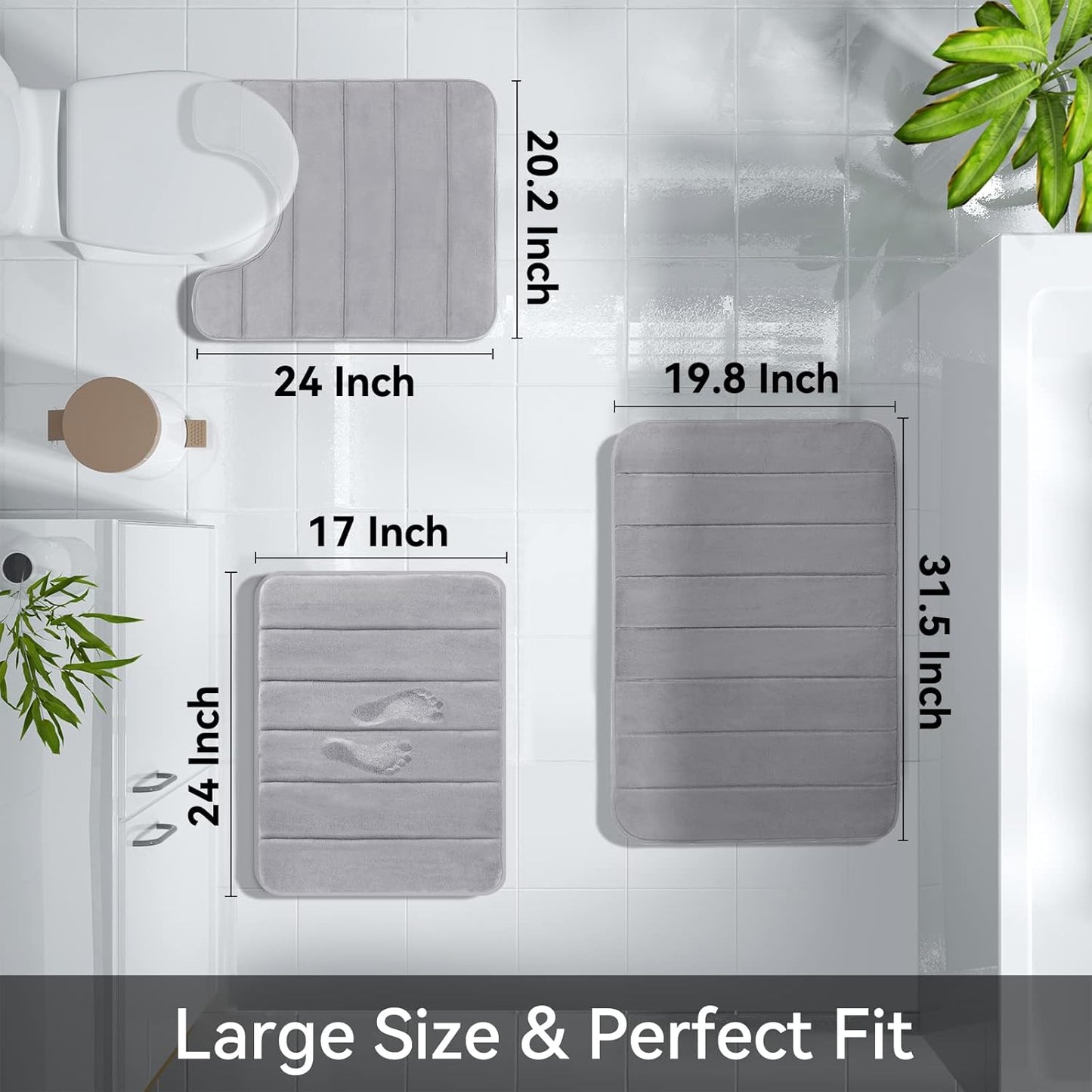Memory Foam Bath Mat Set 3 Pieces- Super Soft Absorbent Quick Dry Bathroom Rug Sets, Machine Washable Non Slip Floor Carpet for Tub Shower, Vanity & Toilet Base, Gray