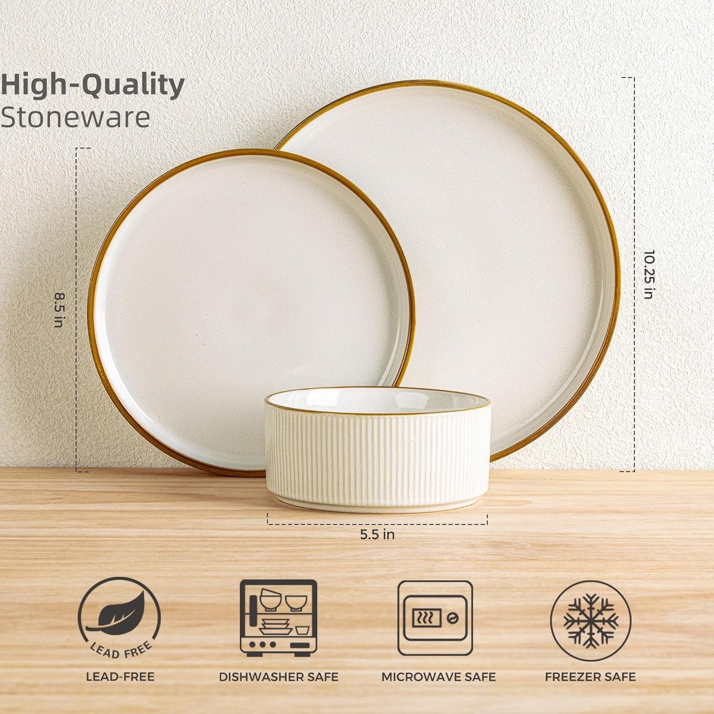 Stoneware Dinnerware Set for Four - Round Reactive Glaze Ceramic Plates and Bowls, Highly Scratch Resistant, Dishwasher and Microwave Safe, 12 Pieces