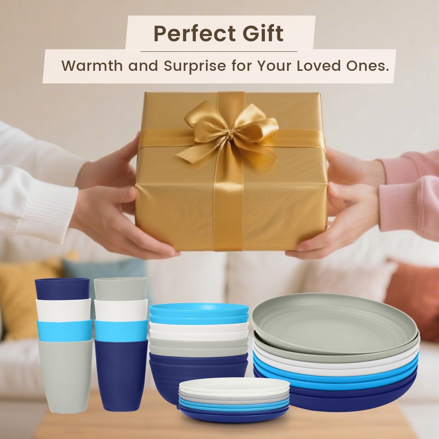 32-Piece Unbreakable Wheat Straw Dinnerware Set - Microwave and Dishwasher Safe Lightweight Plates and Bowls for Kitchen, Camping, and Parties - Island Series