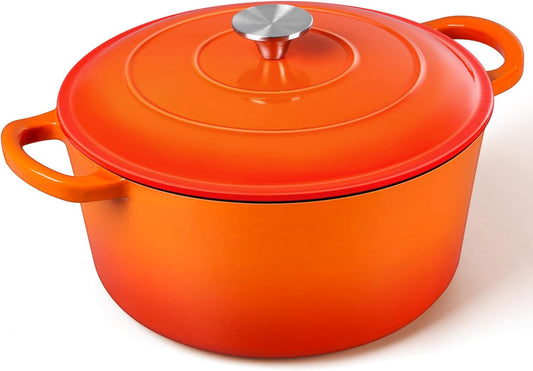 6QT Enameled Dutch Oven, Cast Iron Dutch Oven Pot with Lid for Bread Baking, Enameled Casserole Pot for Roasting Braising Stewing Frying Simmering, Various Stoves & Easy Clean, Orange