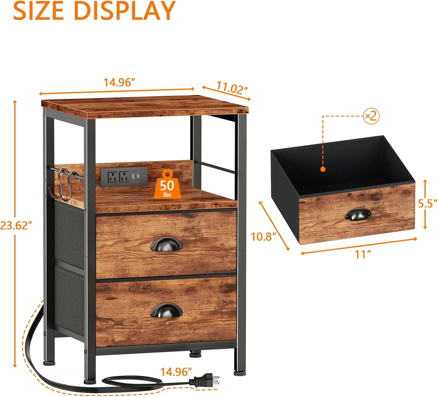 Nightstand Set of 2, Rustic Brown, with Charging Station and USB Ports, Side Tables with 2 Fabric Drawers, Bedside Tables with Storage Shelf & Hooks, for Living Room/Bedroom