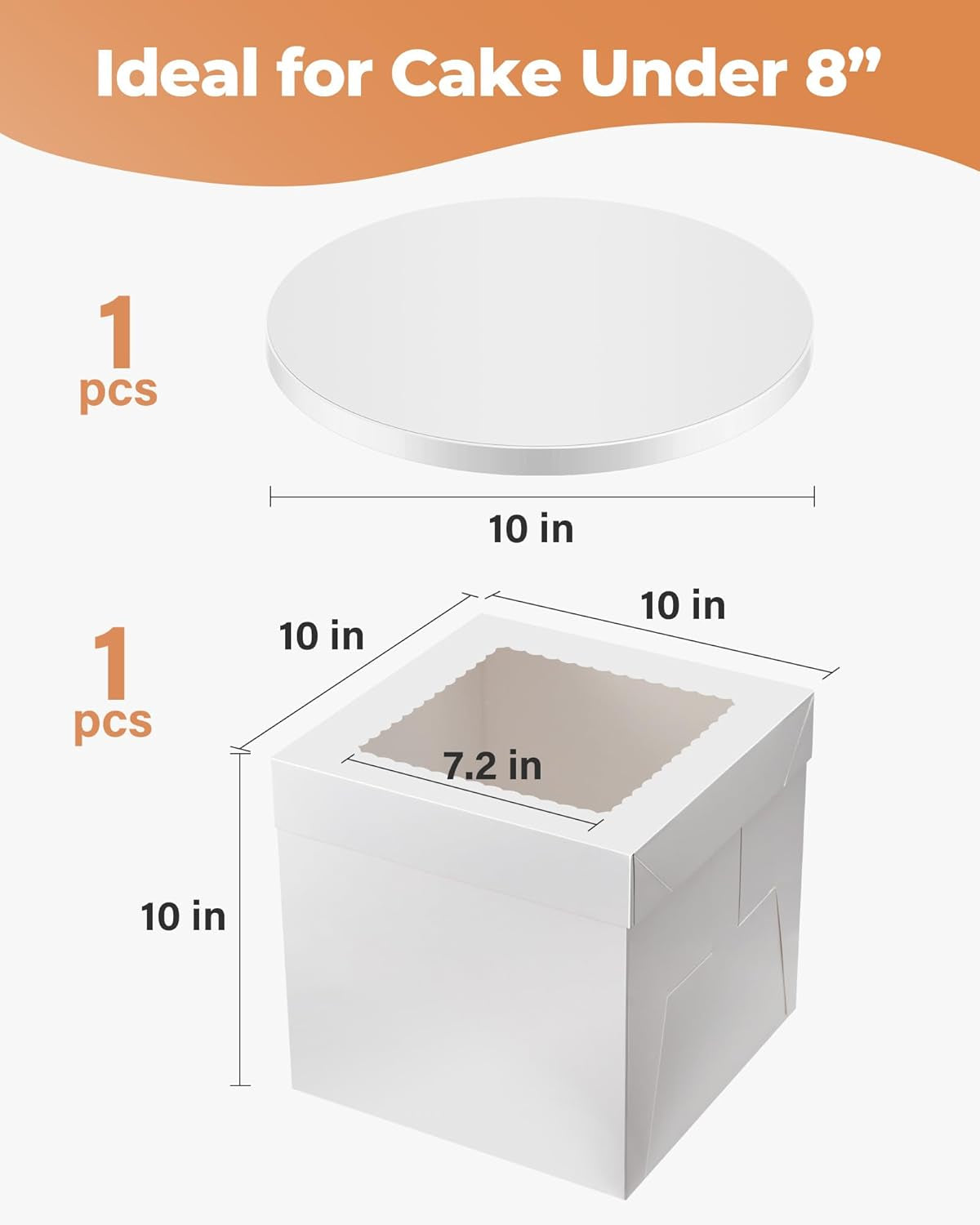 Cake Box with Board Drum, 10X10X10 Inches Tall Bakery Box with Window, Disposable Cake Container with Lid for Multi-Layer Cake, Cake Decorating, Wedding, Birthday, Party