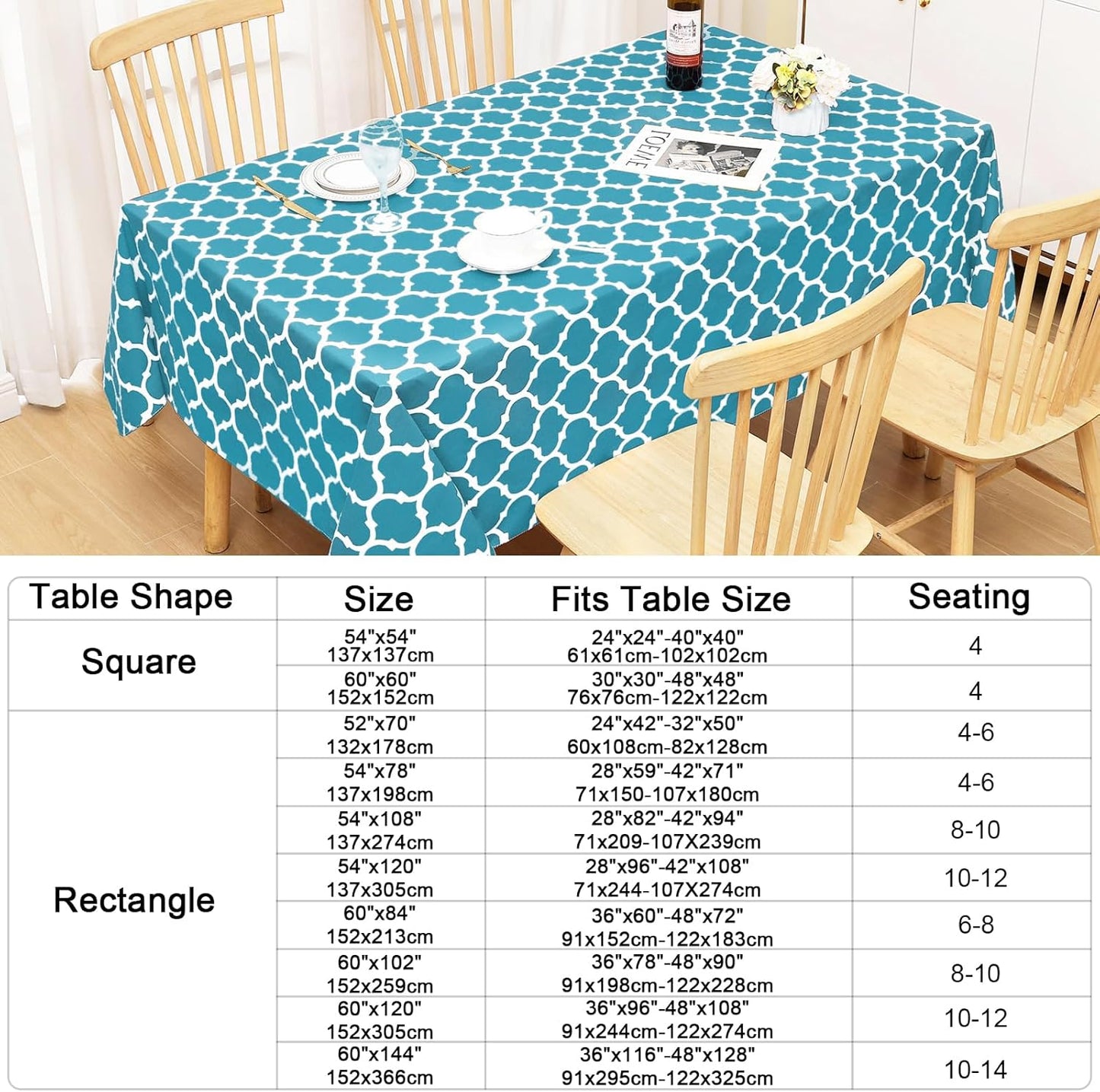 Rectangle Waterproof Vinyl Tablecloth with Flannel Backing, Wipeable and Spillproof for Indoor and Outdoor Use (60" x 84", Teal)