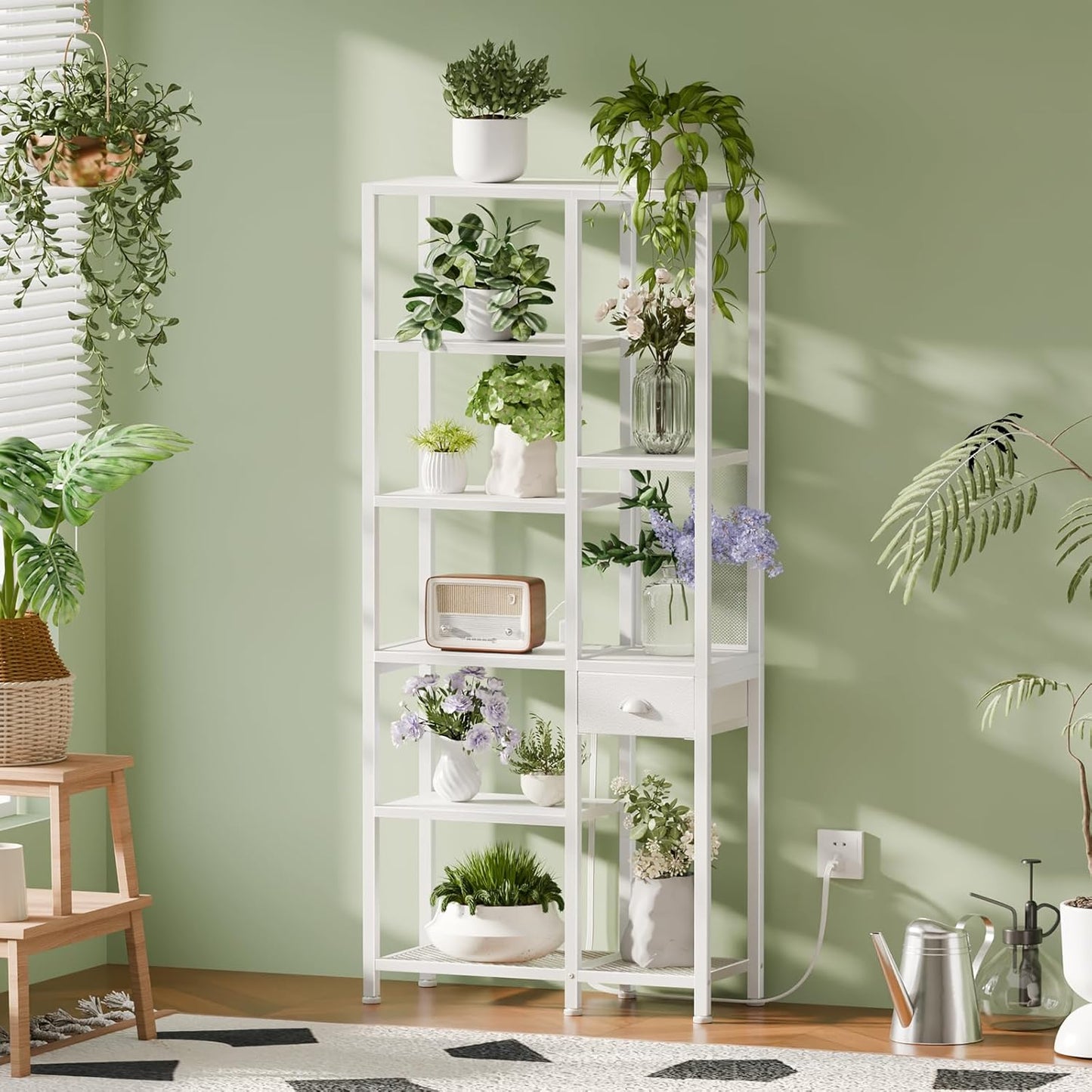 6-Tier Bookshelf with Charging Station, Double Display Shelf with Drawer, Tall Freestanding Bookcase, Metal Open Book Shelf for Living Room, Bedroom, Home Office, White