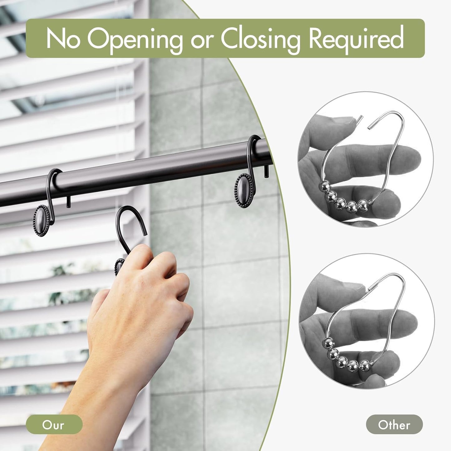 Black Shower Curtain Hooks, 12PCS Rust Proof Shower Curtain Rings, Decorative Modern Shower Curtain Hangers, Elliptical Heavy Duty Design Convenient for Bathroom Kitchen Wardrobe