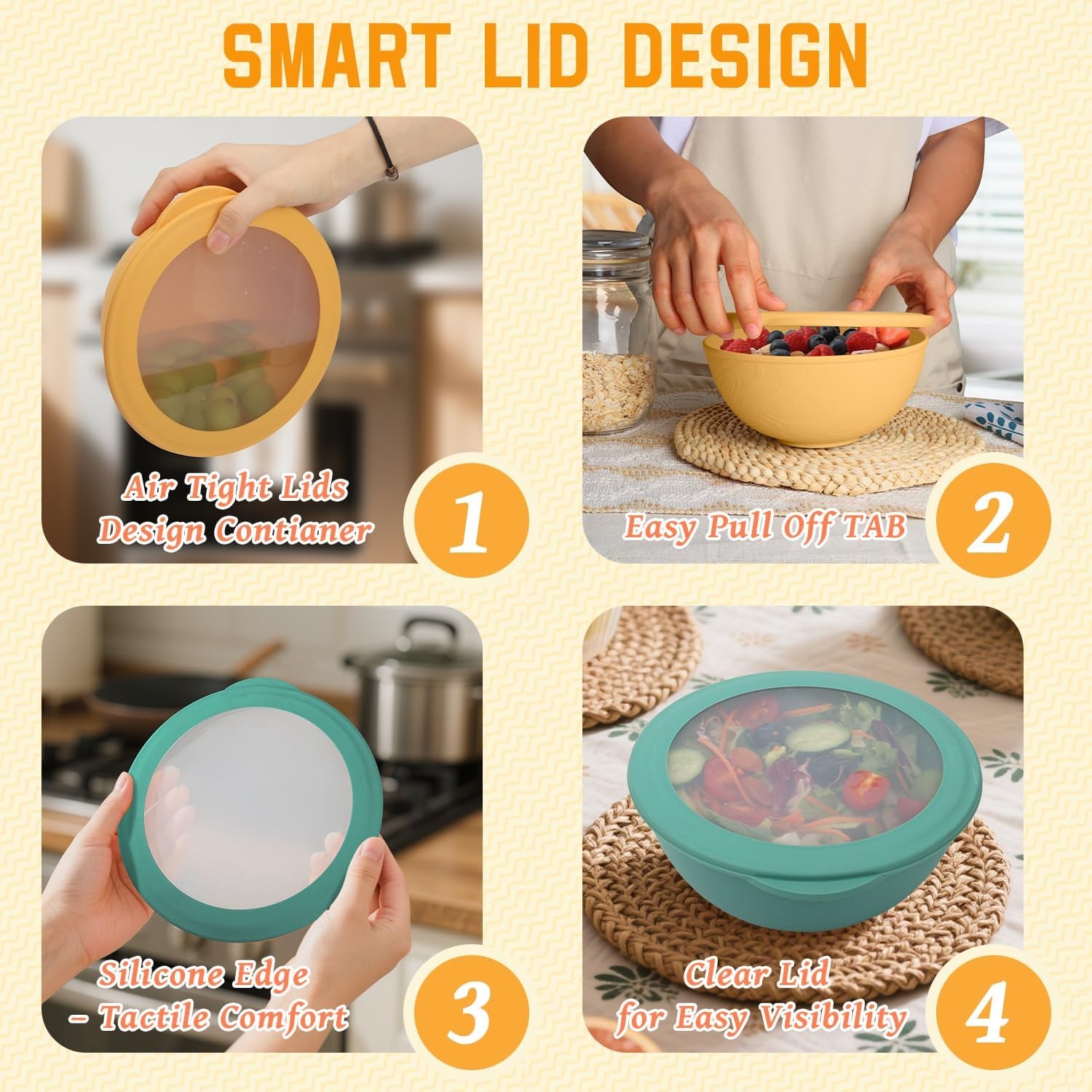 Eco-Friendly Wheat Straw Cereal Bowls with Lids, 40 OZ - Set of 4, Microwave and Dishwasher Safe, Perfect for Lunch, Kitchen, RV, and Camping