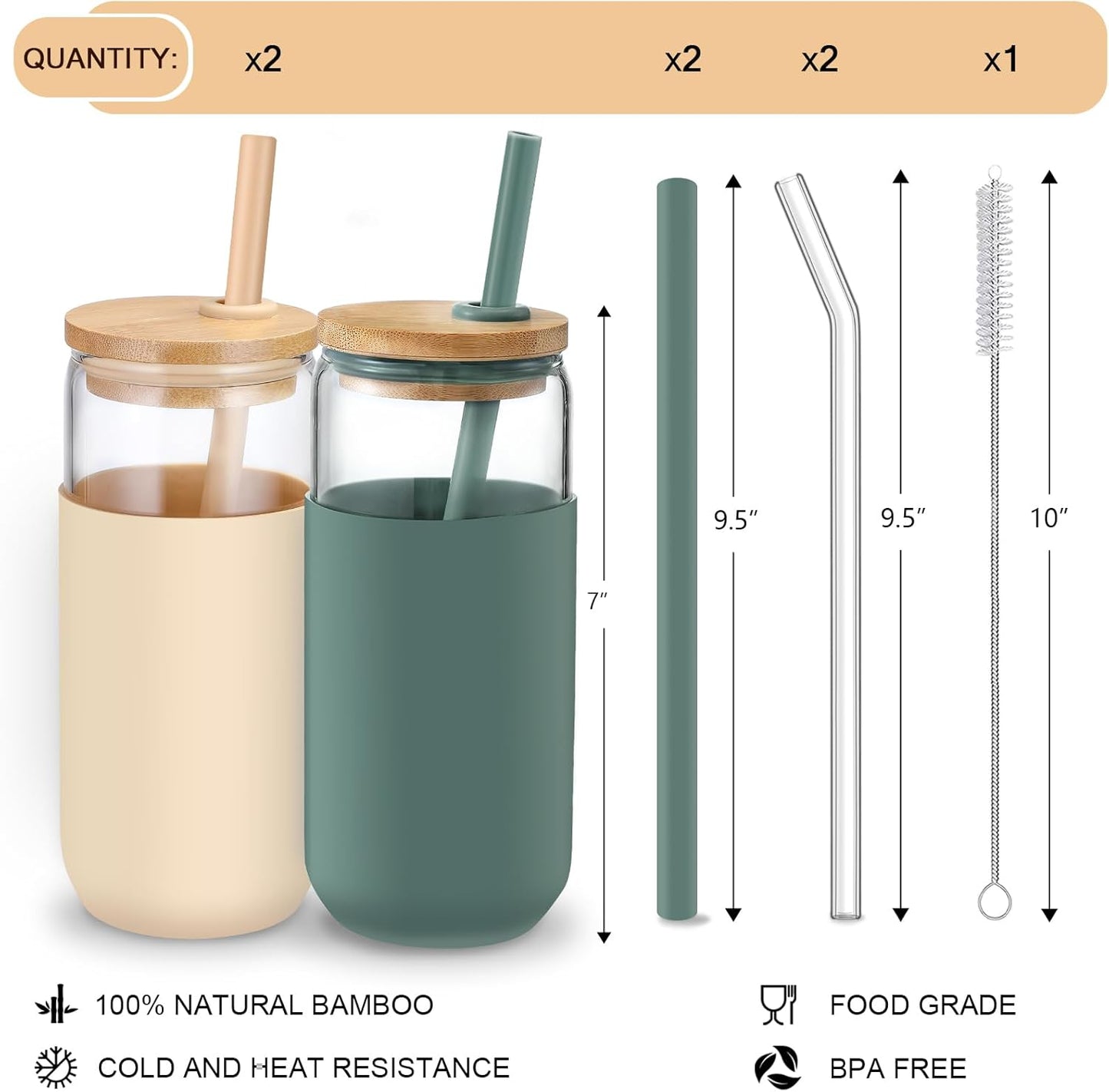 20 OZ Glass Cups with Bamboo Lids and Straws - Beer Can Drinking Glasses with Silicone Protective Sleeve Set, Iced Coffee Glasses, Cute Tumbler Cup for Water, Tea, Gift - Cambridge Blue, Amber