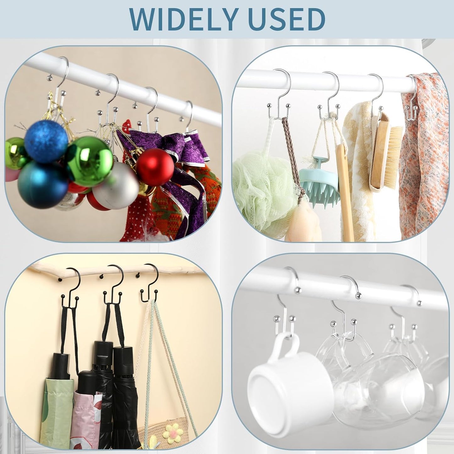Shower Curtain Hooks, 12 Pcs Shower Curtain Rings, Durable Rust Proof Black Shower Curtain Hooks, Shower Rings for Curtain, Double Glide Shower Hooks for Shower Curtain Rods, Black