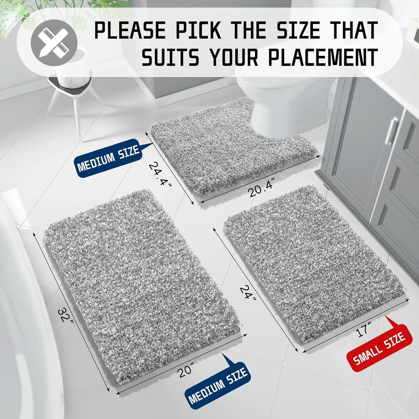 Fluffy Bath Rug Set,Shaggy Soft Non Slip Bathroom Rugs, Machine Washable,Thick Bathroom Floor Rugs for Shower Bath Mat,Water Absorbent, 24X17+32X20 Inches, Light Gray and White