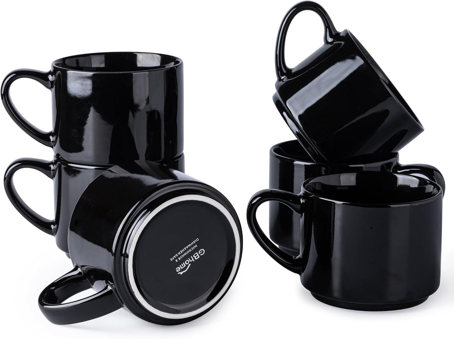 14 oz Stackable Ceramic Coffee Mug Set of 6 - Modern Black Cups for Latte, Tea, and Cappuccino, Dishwasher and Microwave Safe