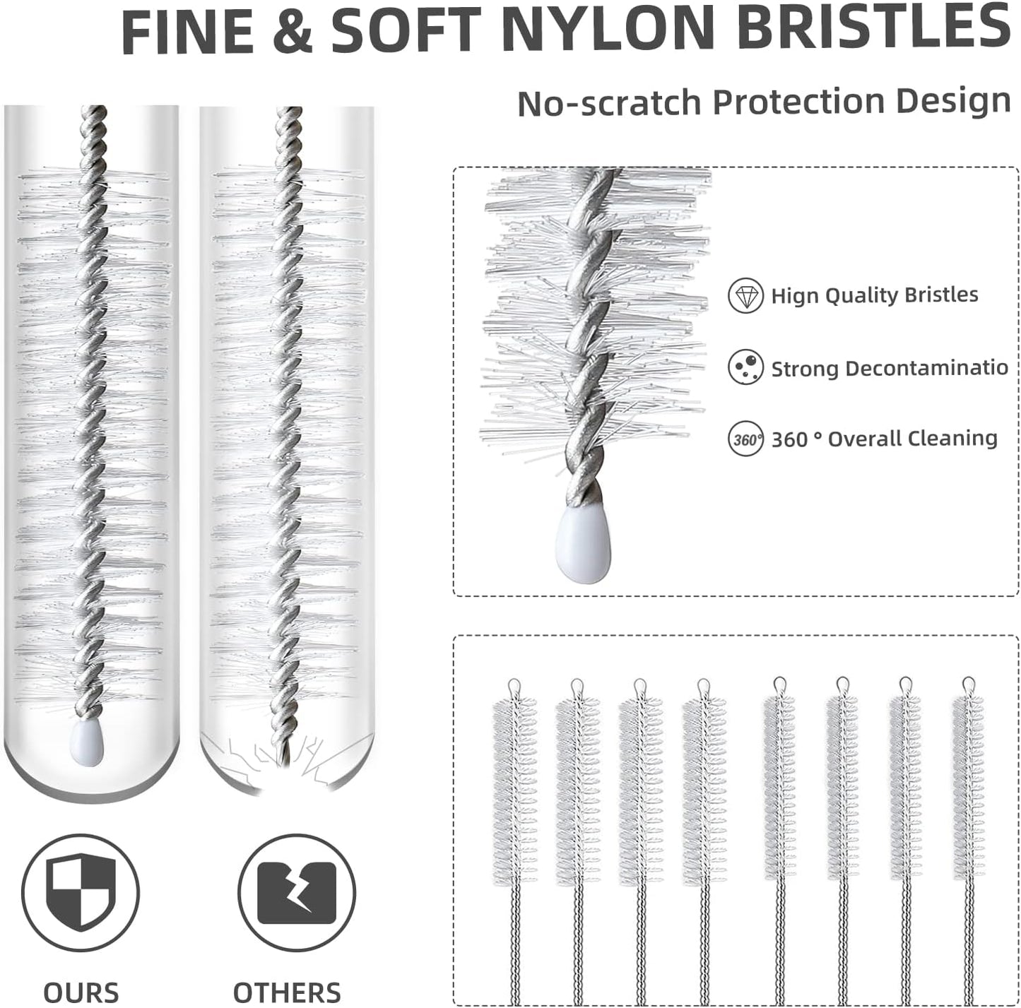Straw Cleaner Brush Set, 8-Piece Long Cleaning Brush for Straws on Tumbler, Water Bottle, Sippy Cup, and Pipes, Tubes or Hummingbird Feeders