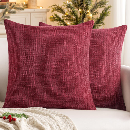 Burlap Linen Throw Pillow Covers 18X18 Inch Set of 2 Burgundy Red Decorative Pillows Modern Farmhouse Pillowcases Soft Accent Cushion Covers for Outdoor Couch Sofa Bedroom Livingroom Home Decor