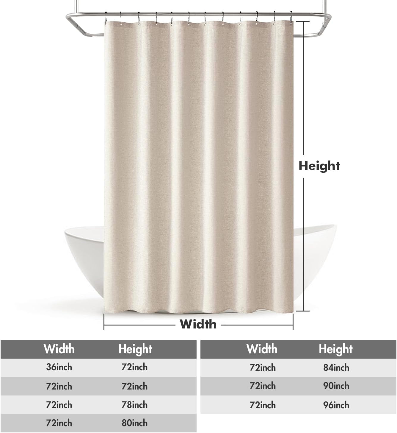 Linen Shower Curtain Set with 12 Metal Hooks - Modern Heavy-Duty Washable Beige Fabric, Waterproof and Durable, 72"x72", Cream