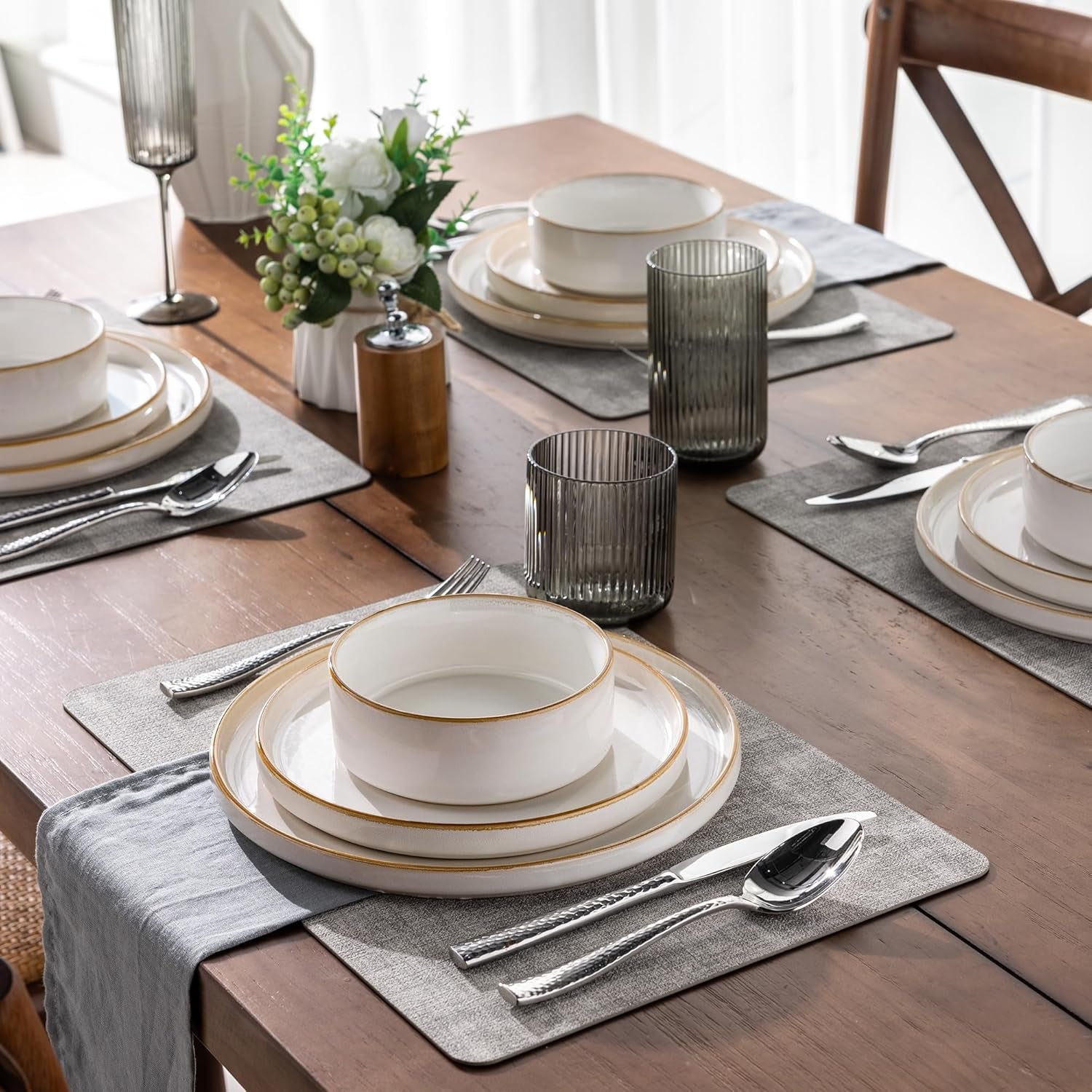 Ceramic Dinnerware Set for Four - 12 Piece Stoneware Collection with Reactive Glaze, Scratch Resistant, Dishwasher and Microwave Safe, Pearl White