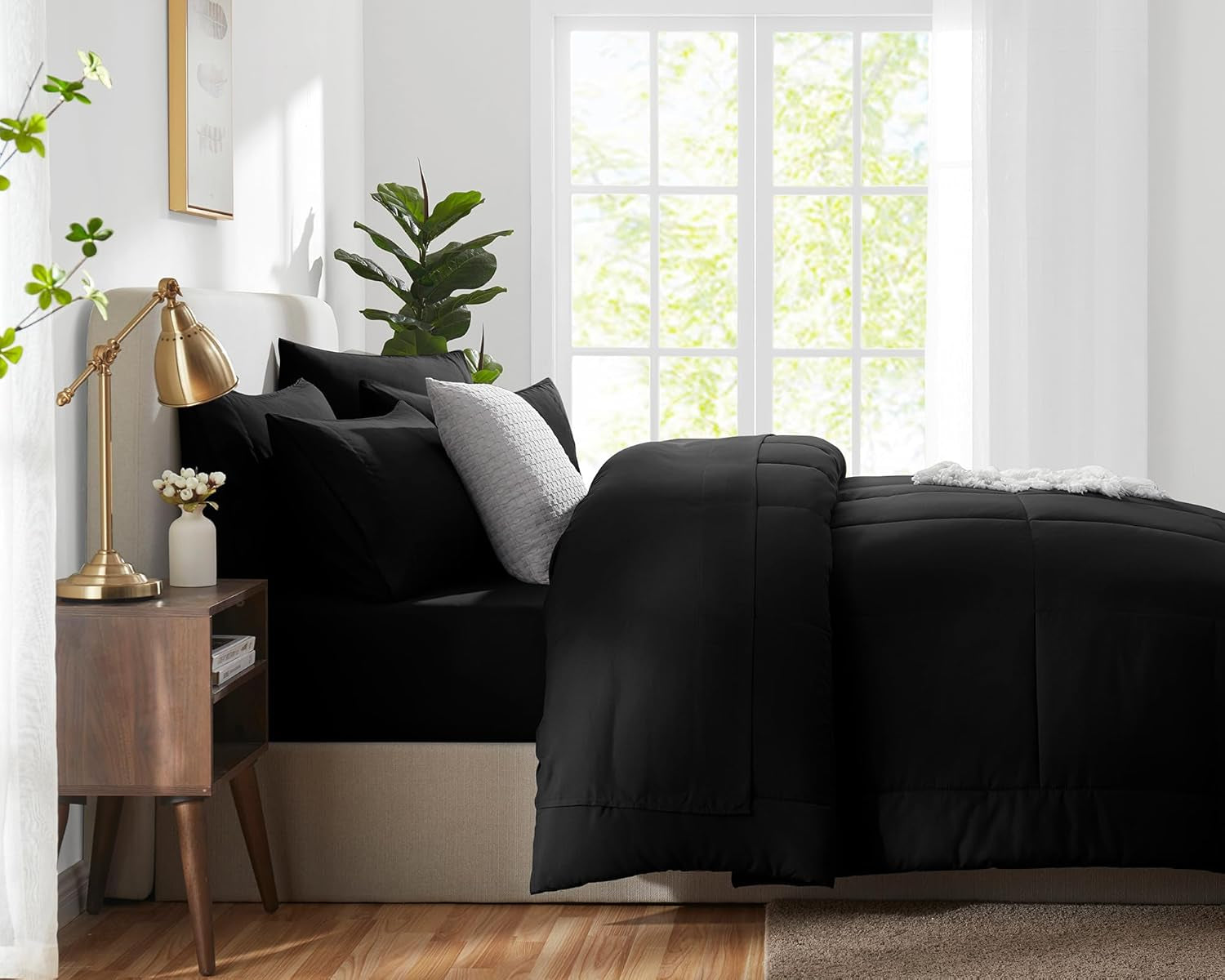 Queen Comforter Set Black 7 Pieces Bed in a Bag Black Premium Comforters Queen Size Bed Set Bedding Sets Queen with All Season Stitch Quilted Comforter, Flat Sheet, Fitted Sheet, Pillowcases