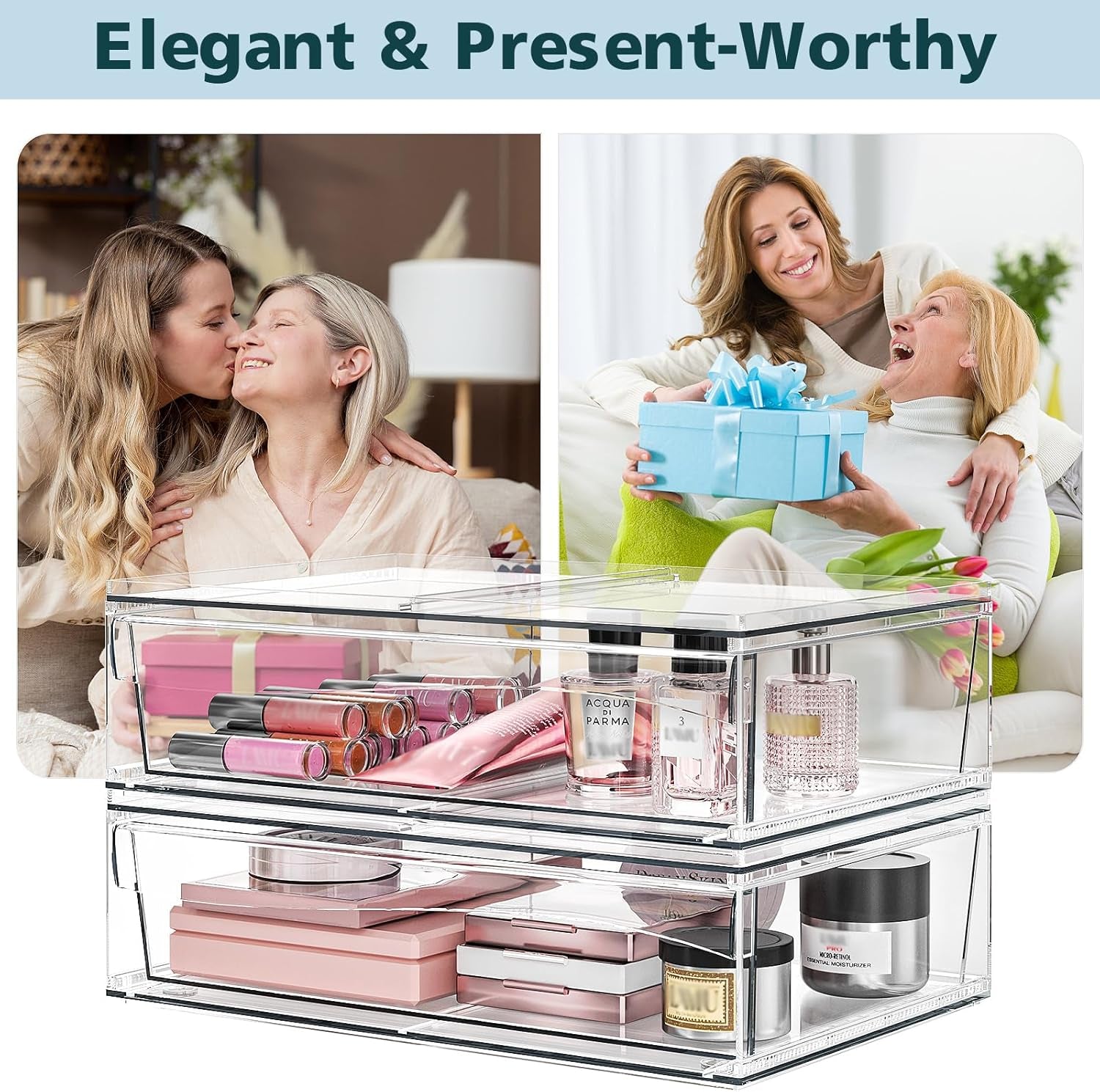 Acrylic Stackable Storage Drawers, 3.5'' Non-Slip Bathroom Makeup Organizer Countertop, Clear Drawer Organizers for Vanity, Bathroom, Office, Undersink, Kitchen, Pantry, Cabinet, 2 Pack