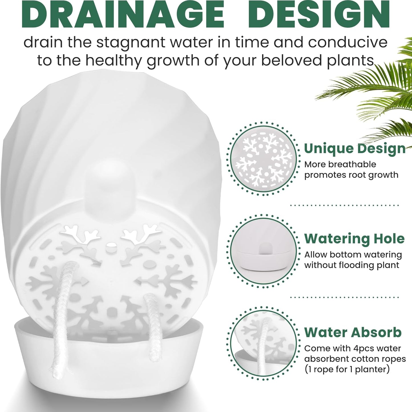 Plant Pots with Drainage, Self Watering Pots for Indoor Plants, Home Decor Flower Planters, 4 Pack 6 Inch Plastic Planters Succulent Pots, White