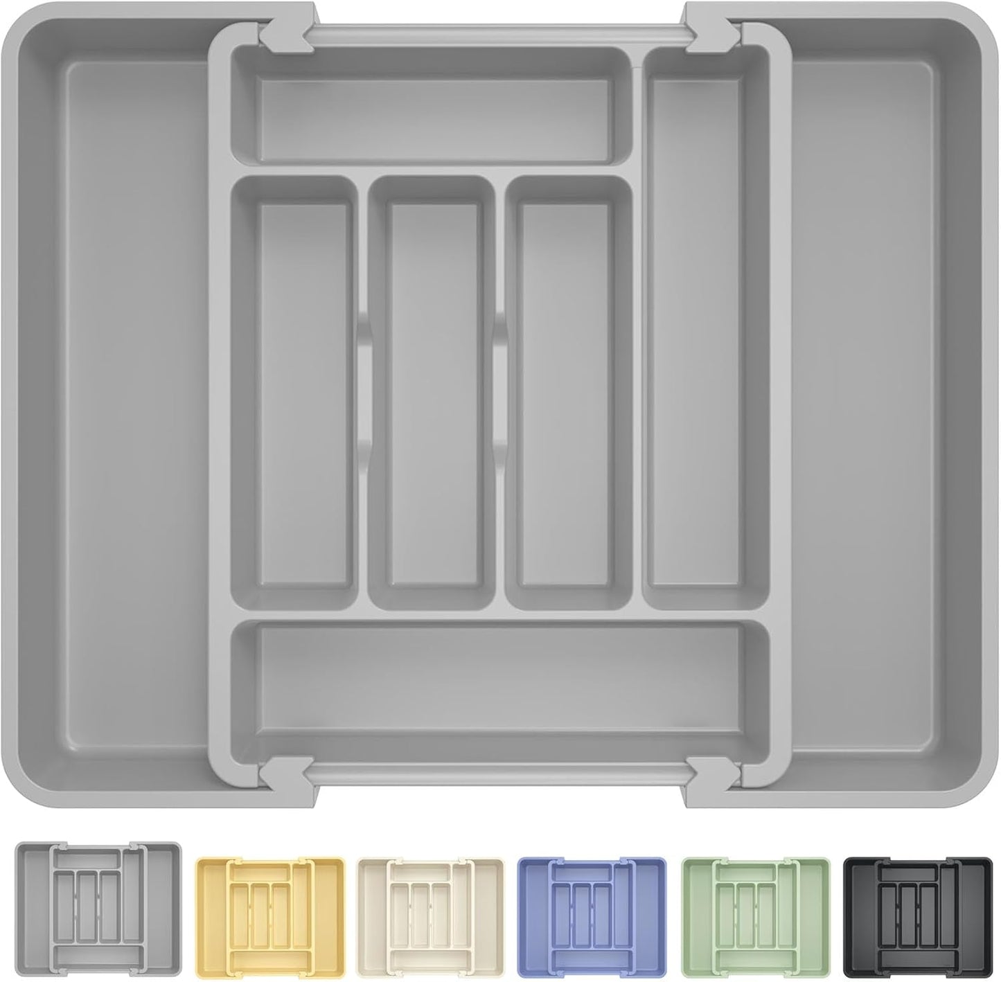 Expandable Large Silverware Organizer for Kitchen Drawers - BPA-Free Thick Plastic with Wider Compartments and Non-Skid Feet (Medium Gray)