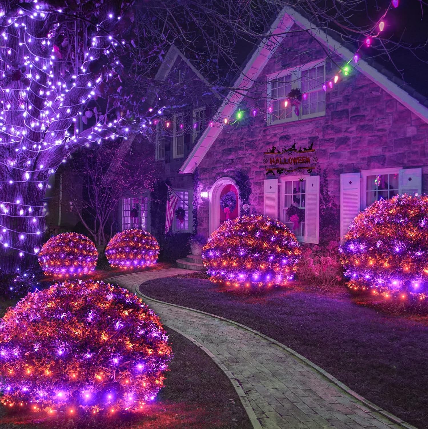 Halloween Net Lights Outdoor Decoration, 14.8X4.9 Ft 300LED Orange Purple Halloween Lights 8 Modes Connectable Twinkle Fairy Mesh Light for Bushes Tree Party Yard Garden Decoration