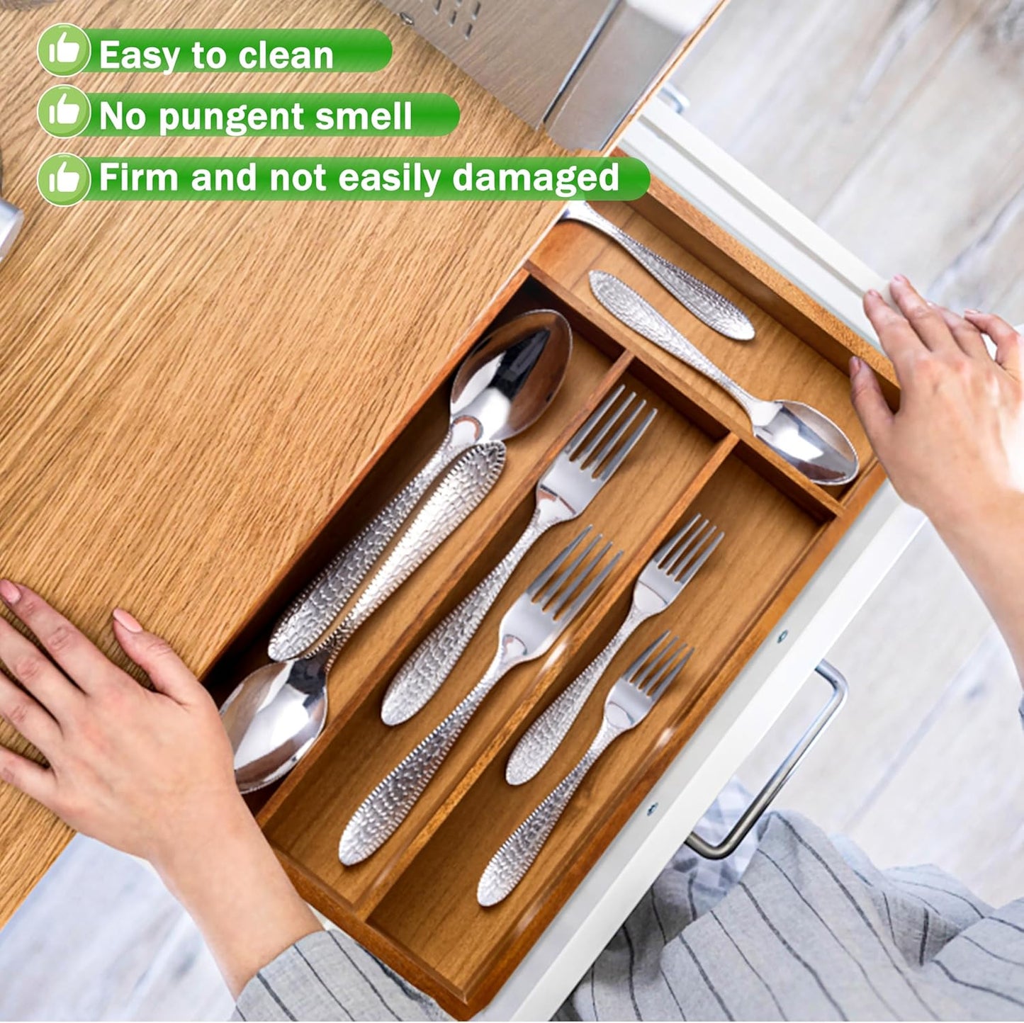 Silverware Organizer 10 in Utensil Organizer Silverware Tray for Drawer Cutlery Flatware Organizer for Kitchen Acacia Wood